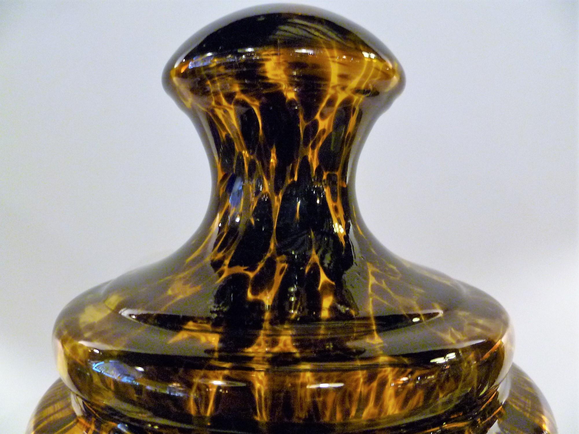 Tall Tortoise Shell Pattern Italian Modern Monumental Glass Urn with Top, 1960 For Sale 1