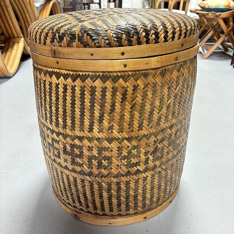 Tall Traditional Thai Hand Woven Wicker Rice Storage Basket w/ Lid 4