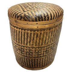 Tall Traditional Thai Hand Woven Wicker Rice Storage Basket w/ Lid