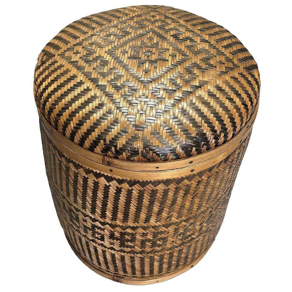 Qing Tall Traditional Thai Hand Woven Wicker Rice Storage Basket w/ Lid