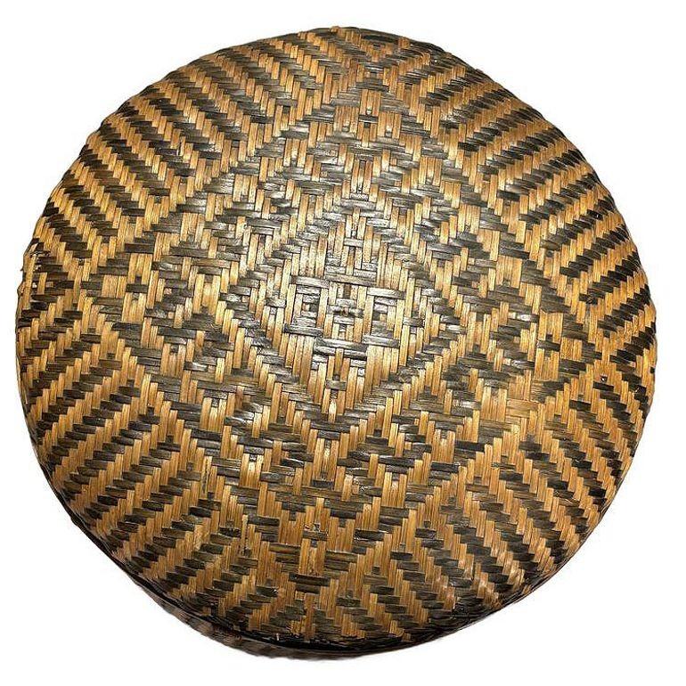 Tall Traditional Thai Hand Woven Wicker Rice Storage Basket w/ Lid For Sale 1