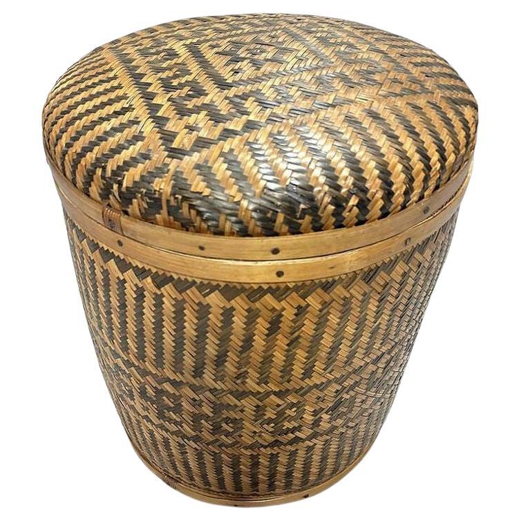 Tall Traditional Thai Hand Woven Wicker Rice Storage Basket w/ Lid For Sale