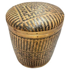 Tall Traditional Thai Hand Woven Wicker Rice Storage Basket w/ Lid