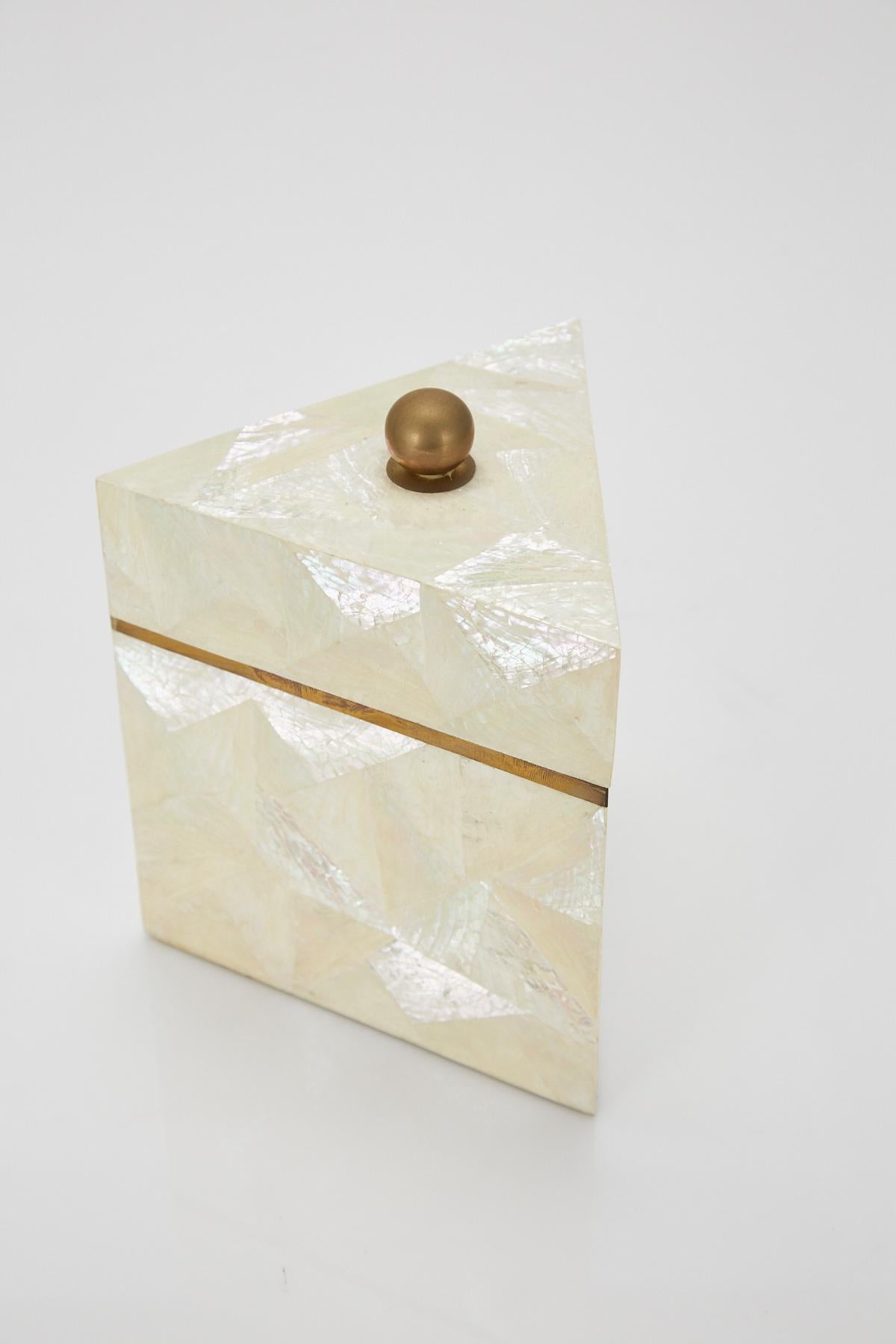 Post-Modern Tall Triangular Postmodern Tessellated Stone and Seashell Lidded Box, 1990s For Sale
