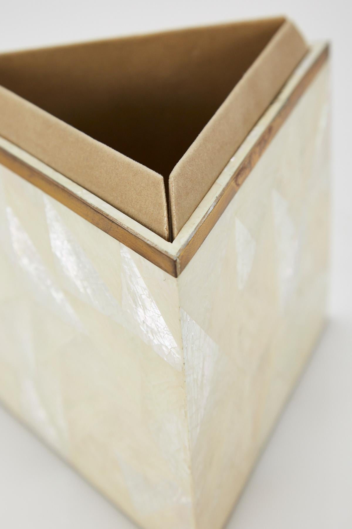 Wood Tall Triangular Postmodern Tessellated Stone and Seashell Lidded Box, 1990s For Sale