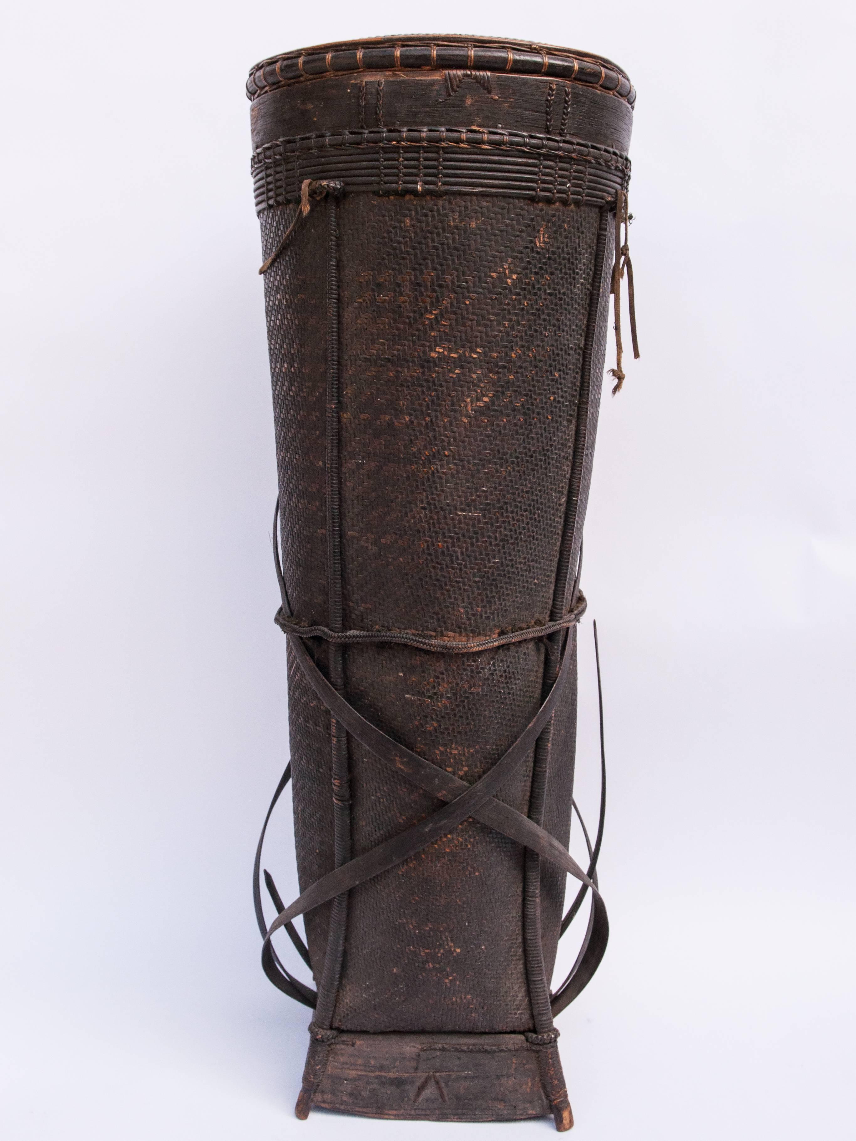 Laotian Tall Tribal Storage Basket with Lid from Laos, Mid-20th Century
