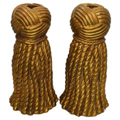 Tall Trompe L'OeilGrand Millennial Gold Gilt Tassel Candlestick Holders, Pair