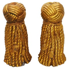 Tall Trompe L'OeilGrand Millennial Gold Gilt Tassel Candlestick Holders, Pair