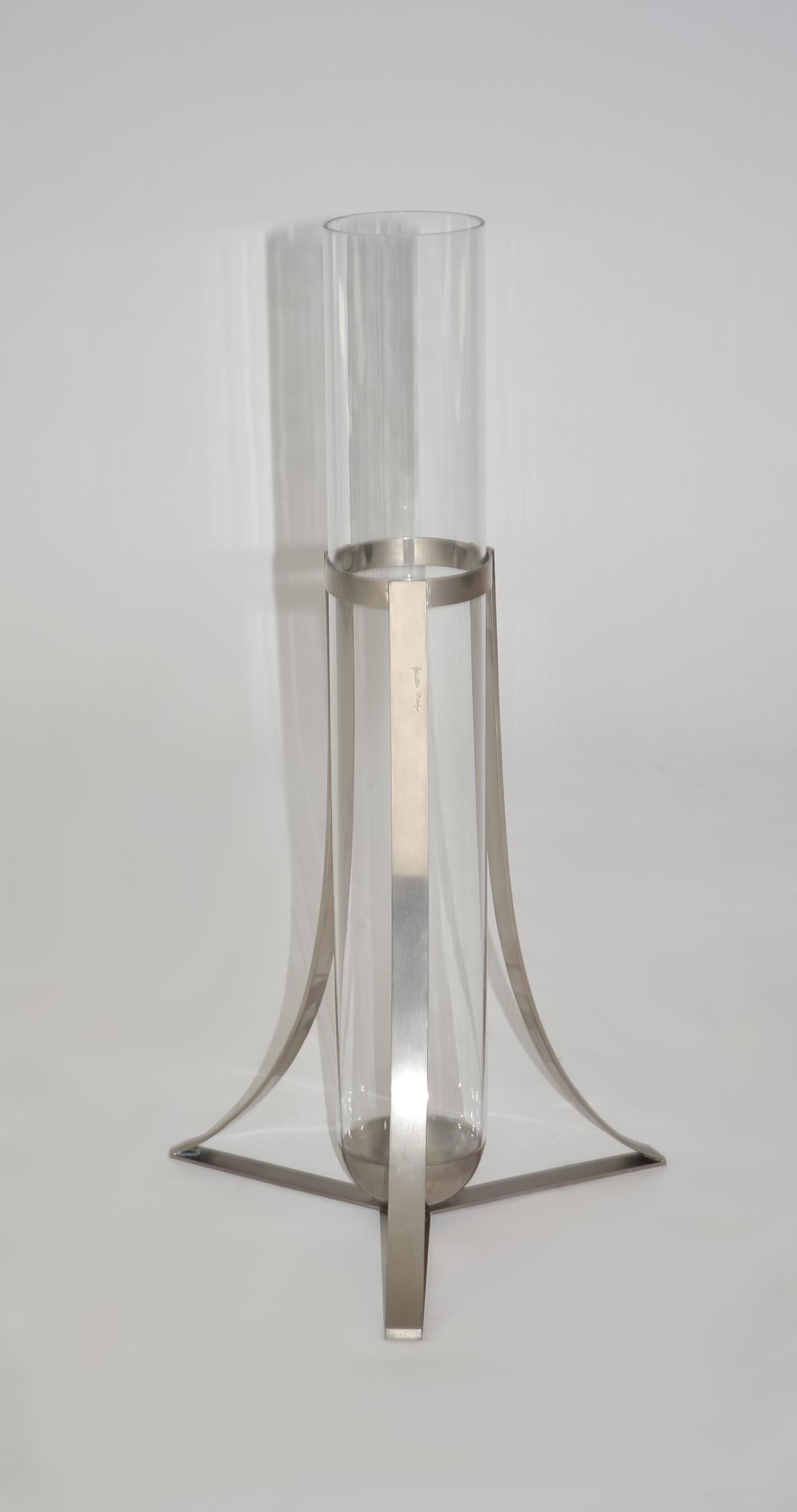 Gabriella Crespi Steel Glass Vase, Signed, Italy 1970s
Tall Glass Vase by Gabriella Crespi, Signed, Italy 1970s
Tubular Extruded Glass Floral vase with Nickel Stand by Gabriella Crespi, Italy, 70s
Featuring three buttress legs of nickeled brass 11