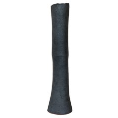 Tall Tubular Metallic Black Stoneware Vase, Hand Built, 17.5 Inches Tall