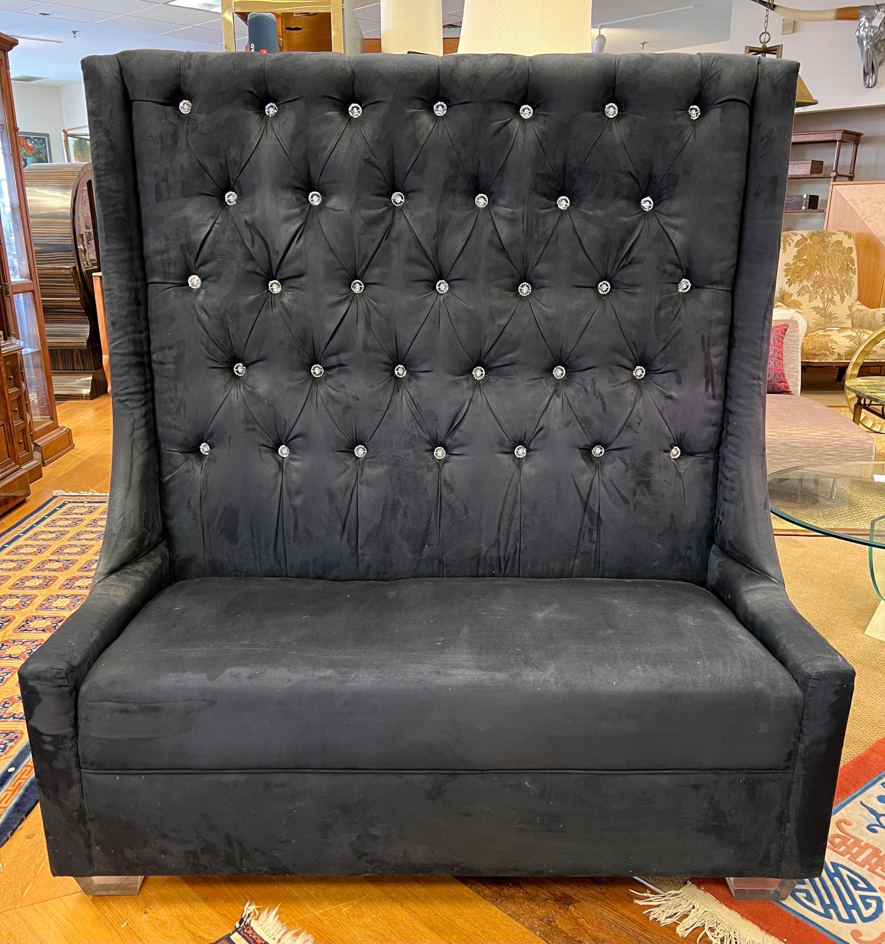 Stunning, signed Shlomi Haziza one of a kind suede leather banquette sofa loveseat with crystal tufted buttons and supported by heavy lucite legs, one of which has the designer's signature - front left facing - see pics. The rich and luxurious suede