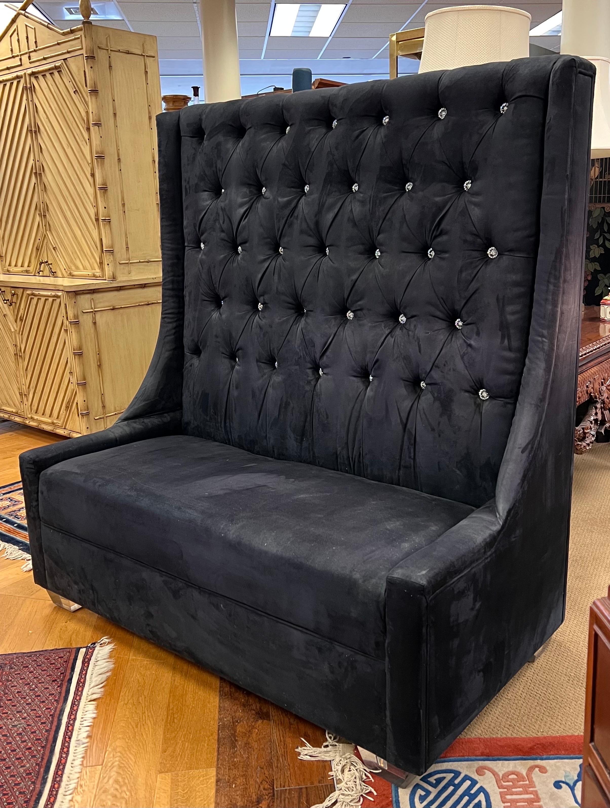 Tall Tufted Black Suede Leather Settee Sofa Banquette Loveseat by Shlomo Haziza In Good Condition In West Hartford, CT