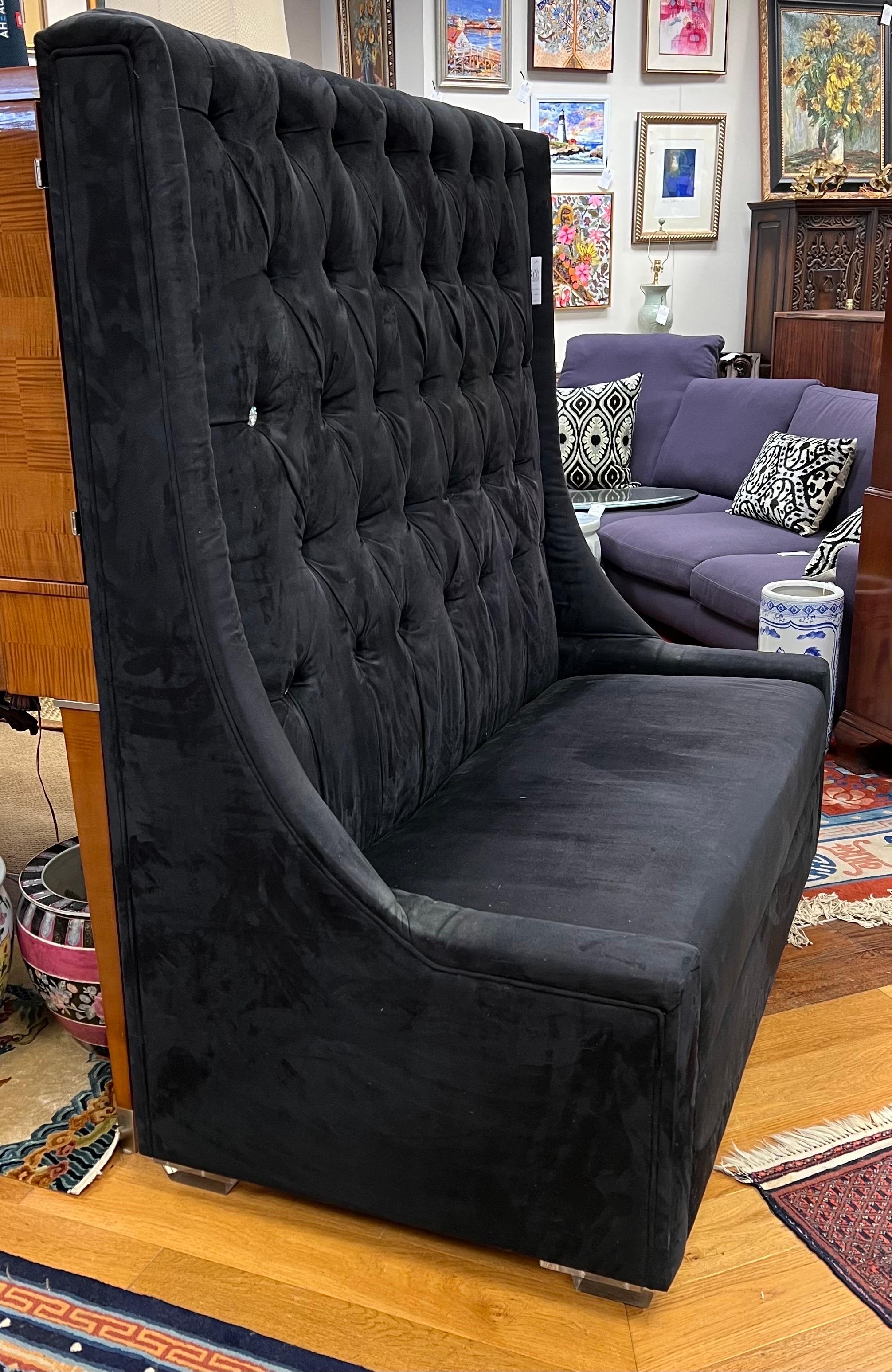 Contemporary Tall Tufted Black Suede Leather Settee Sofa Banquette Loveseat by Shlomo Haziza