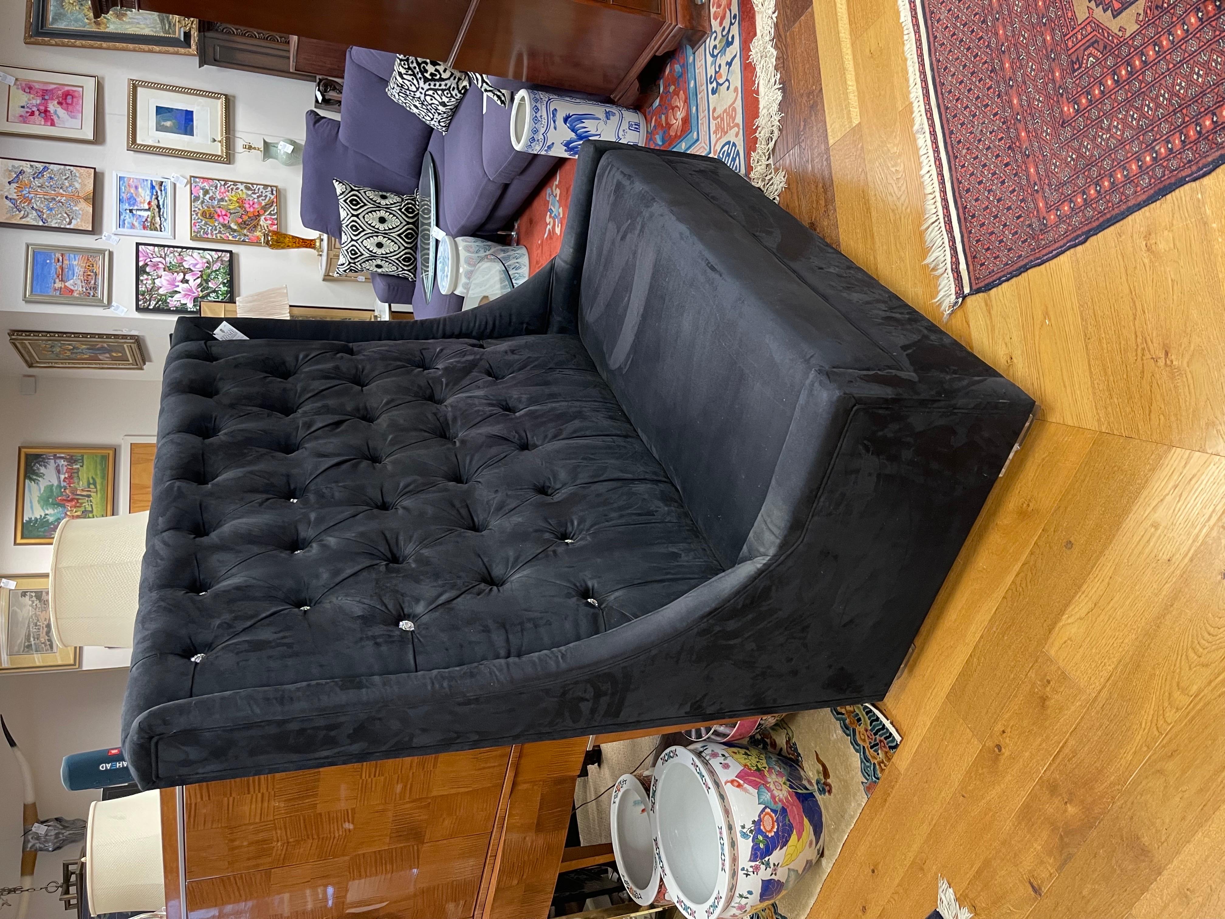 Tall Tufted Black Suede Leather Settee Sofa Banquette Loveseat by Shlomo Haziza 1
