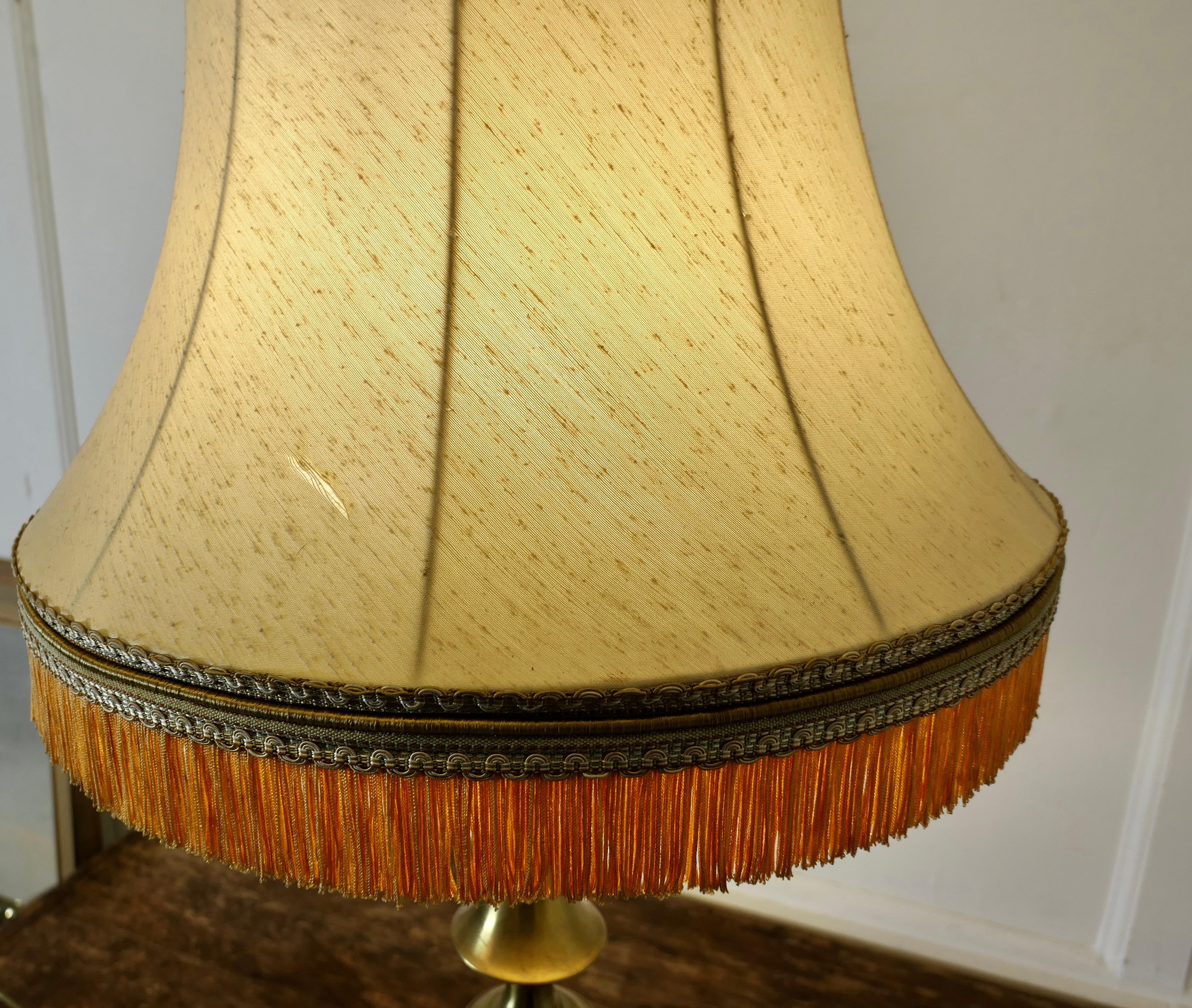 Tall Turned Column Brass Table Lamp, with Oversize Shade In Good Condition In Godshill, Isle of Wight