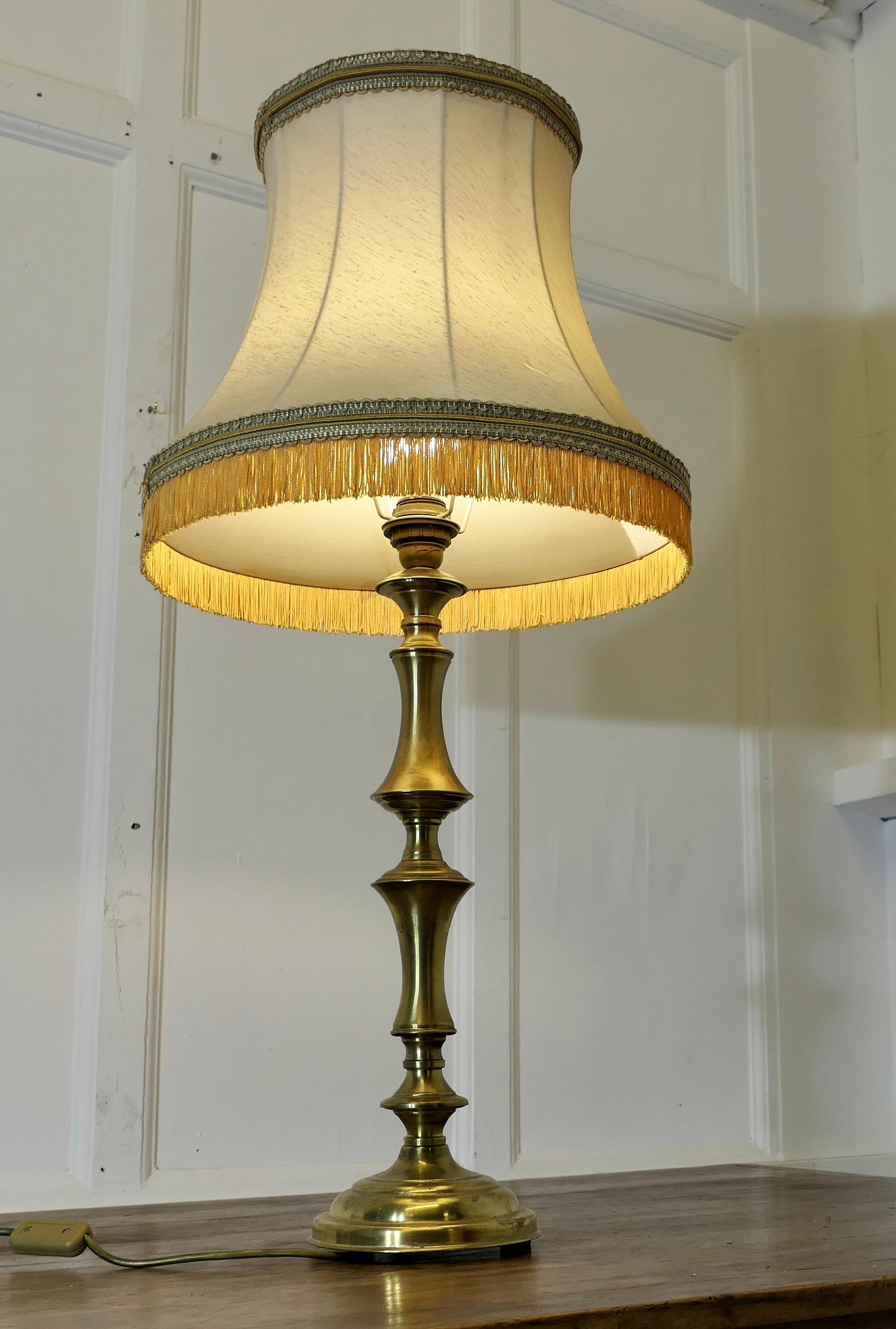 Early 20th Century Tall Turned Column Brass Table Lamp, with Oversize Shade
