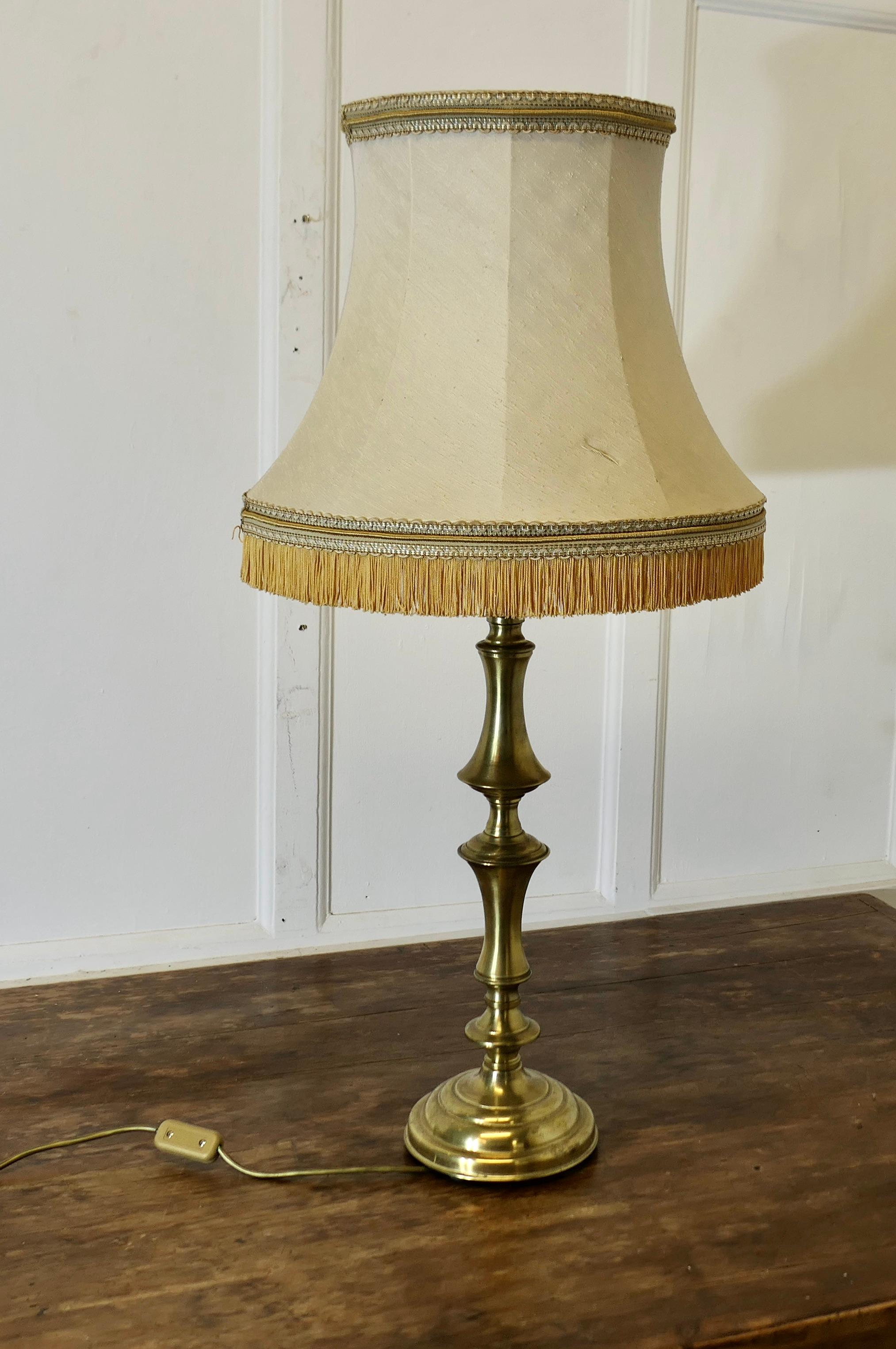 Tall Turned Column Brass Table Lamp, with Oversize Shade 1