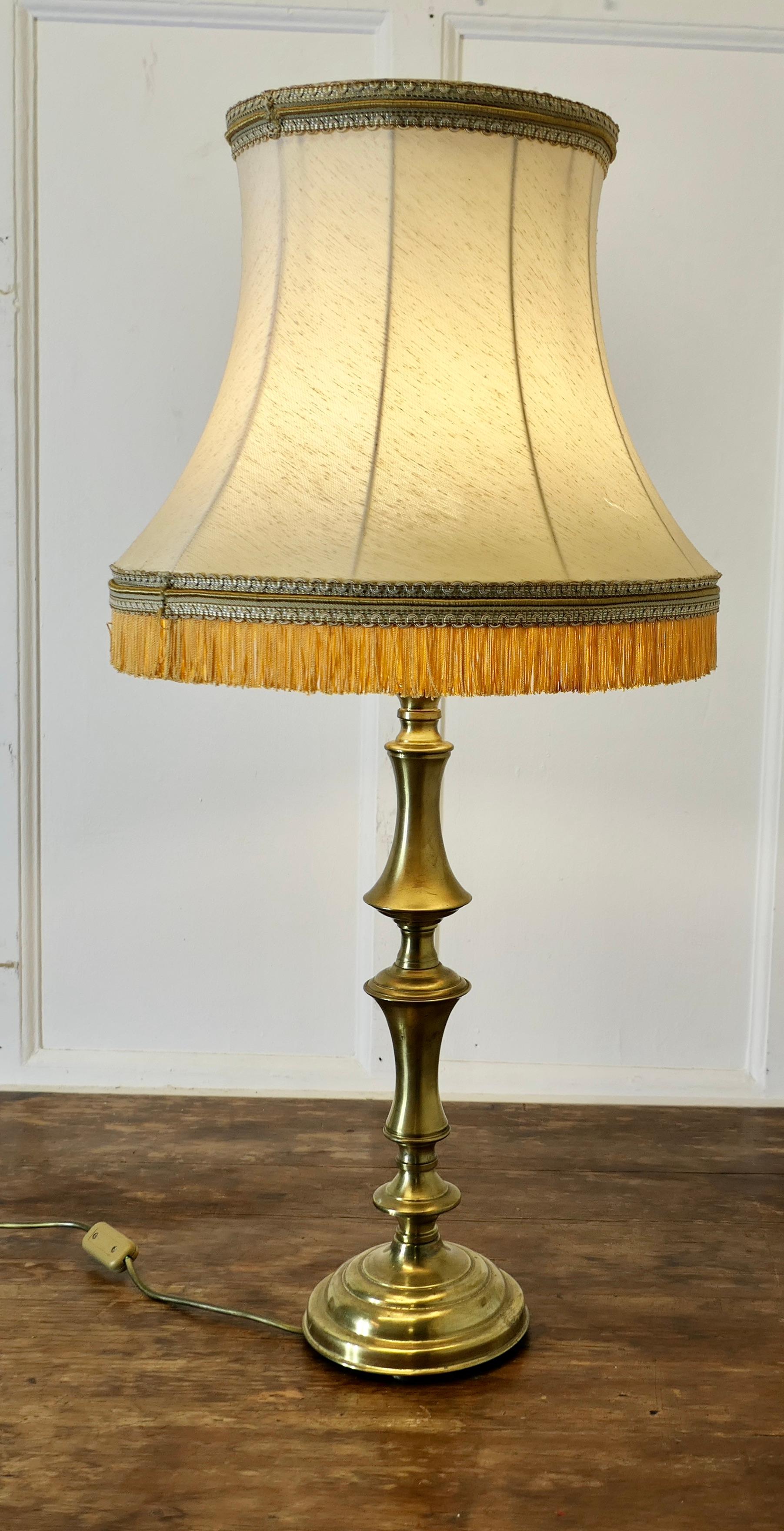 Tall Turned Column Brass Table Lamp, with Oversize Shade 2