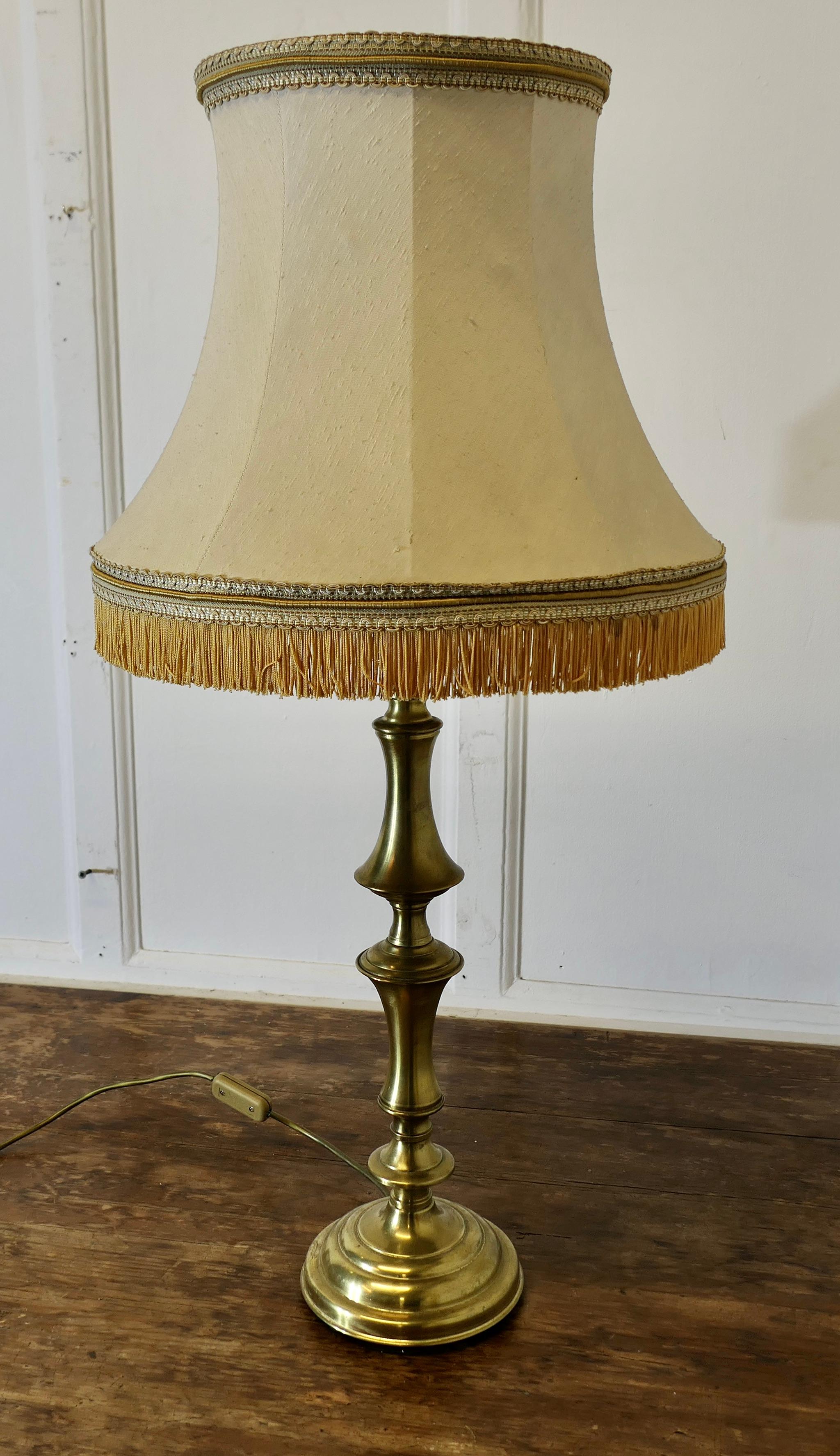 Tall Turned Column Brass Table Lamp, with Oversize Shade 3