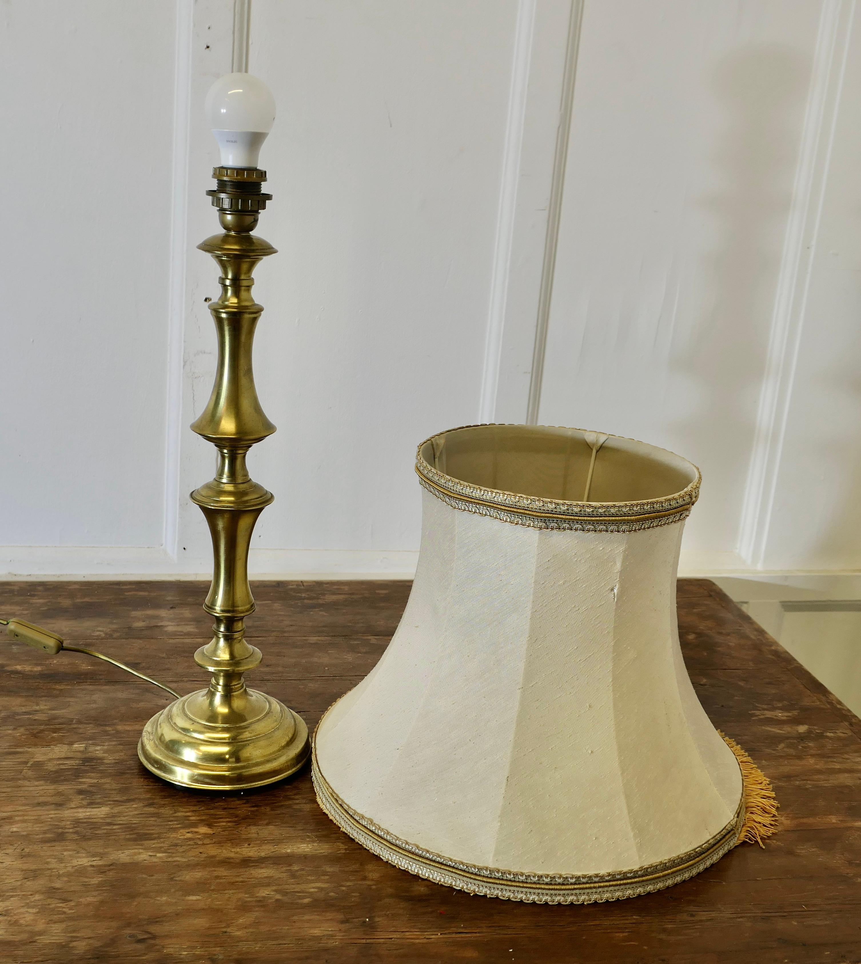 Tall Turned Column Brass Table Lamp, with Oversize Shade 4