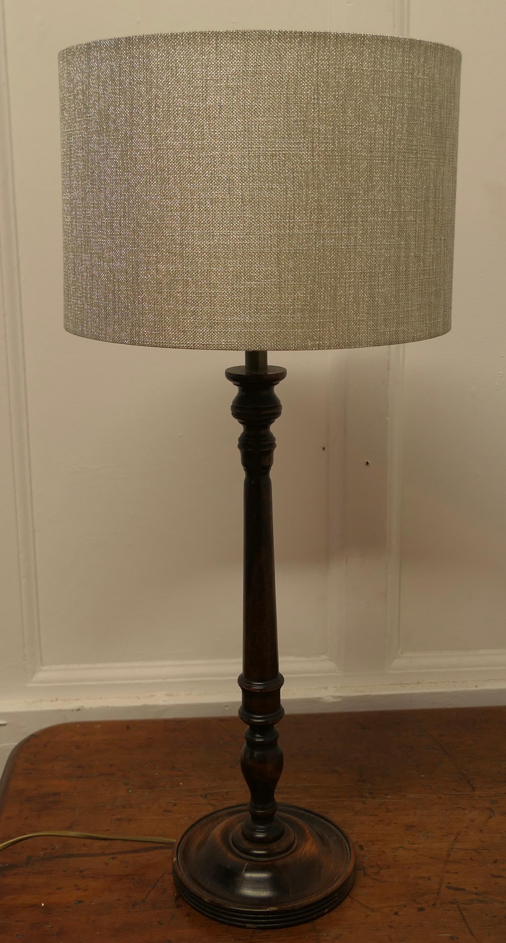 Beech Tall Turned Dark Wood Table Lamp    For Sale