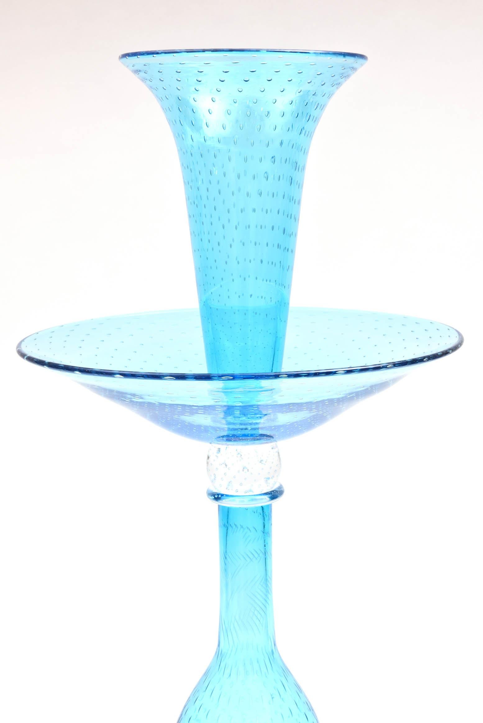 An exquisite tall and impressive centerpiece that we have commissioned from original archives. Beautiful and hard to find turquoise blue with signature controlled bubble base created by master glass blowers using original equipment and centuries old
