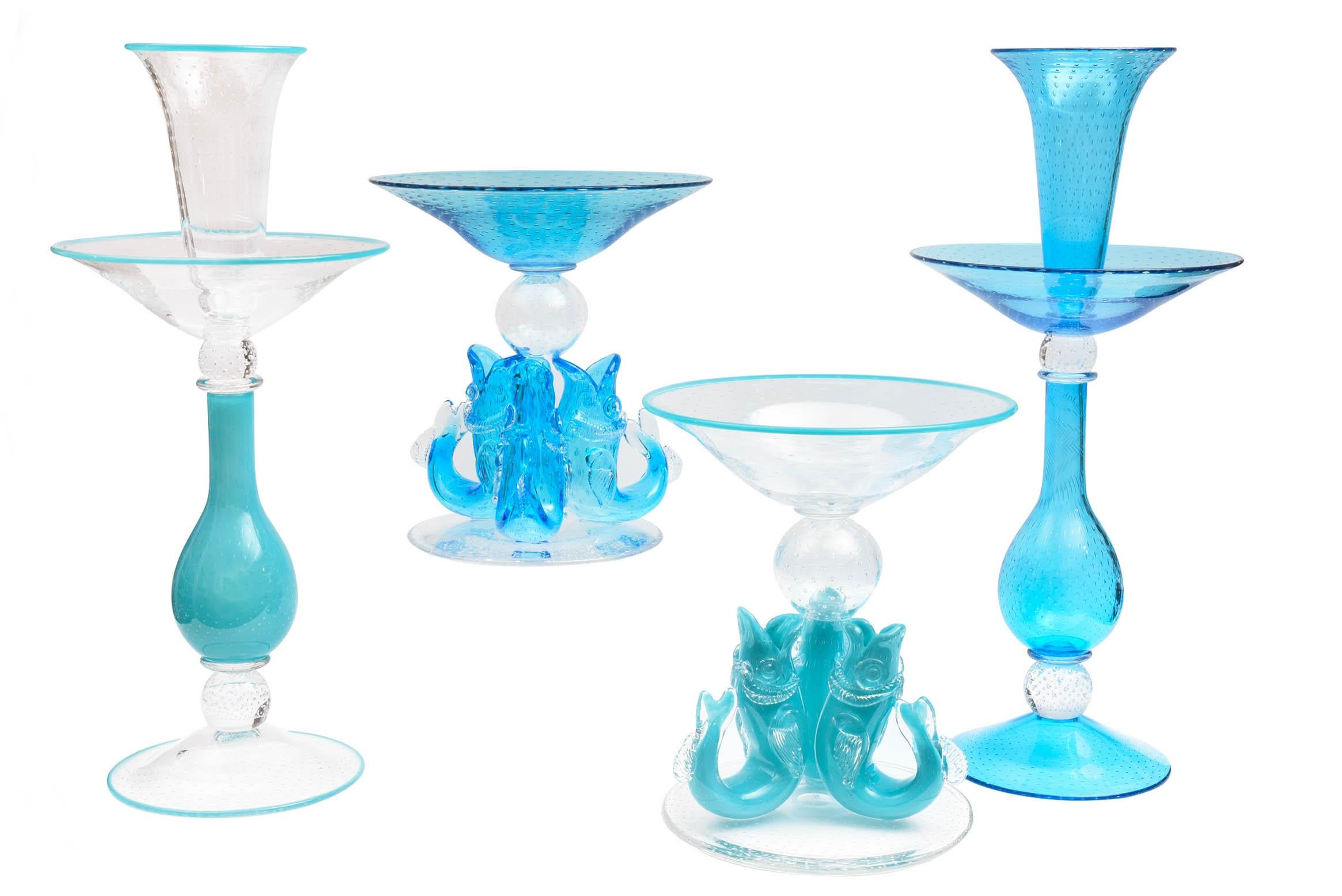 Tall Turquoise Glass Centerpiece Epergne, Hand Blown Custom Colors Available In Excellent Condition For Sale In West Palm Beach, FL