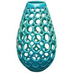 Tall Turquoise Teardrop Shaped Pierced Sculpture Vessel, In Stock