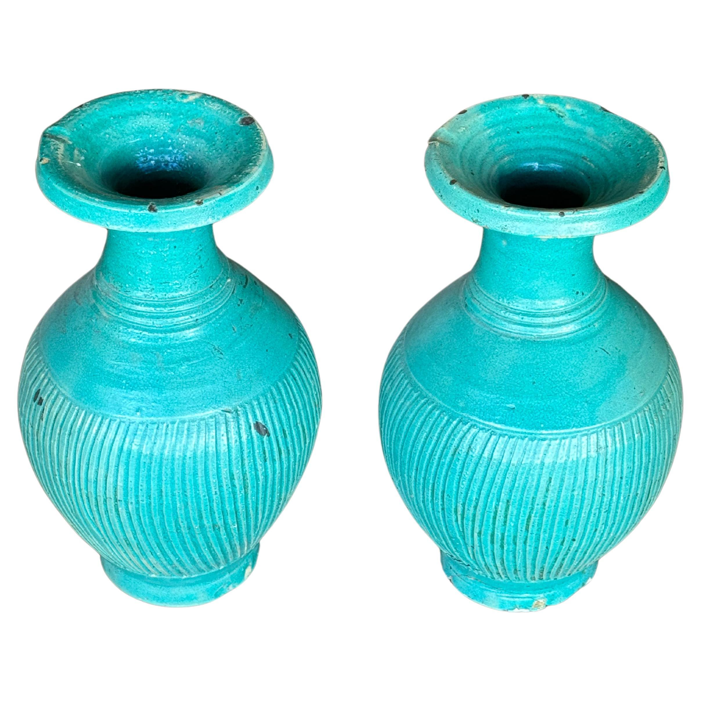 Tall Turquoise Vintage Moroccan Handled Vase (Pair)