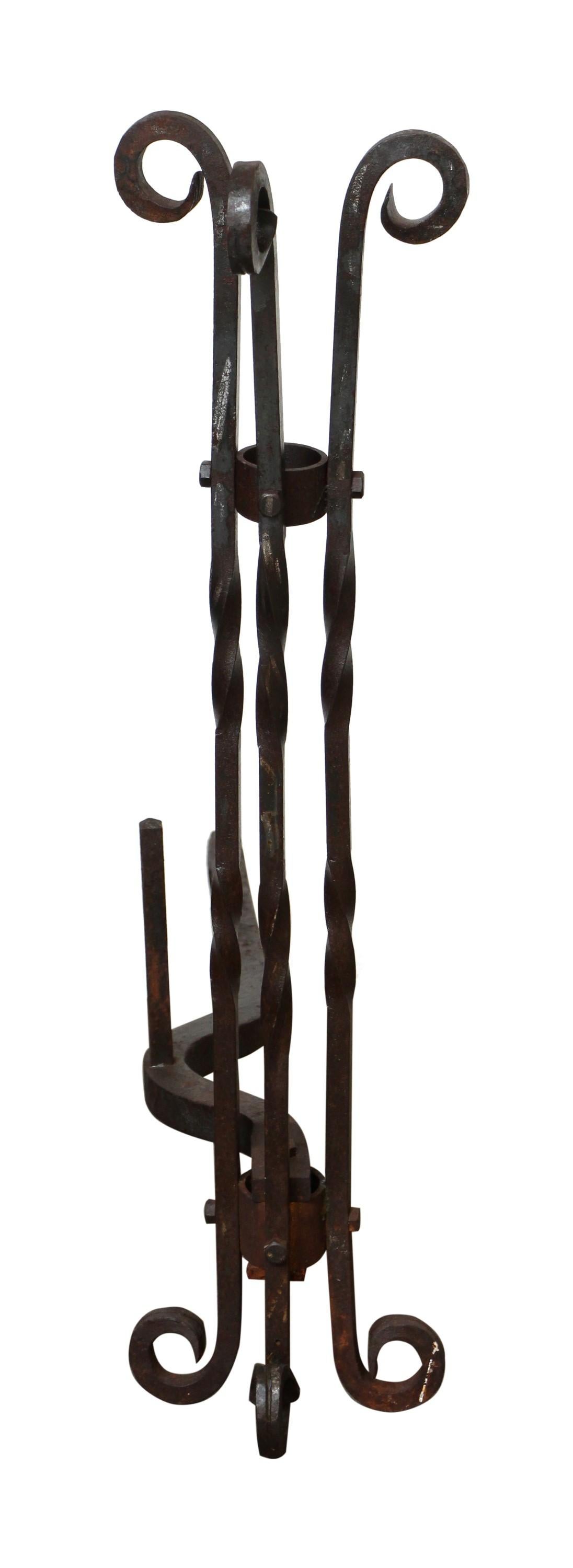 American Tall Twisted Wrought Iron Andirons with Curled Top & Legs