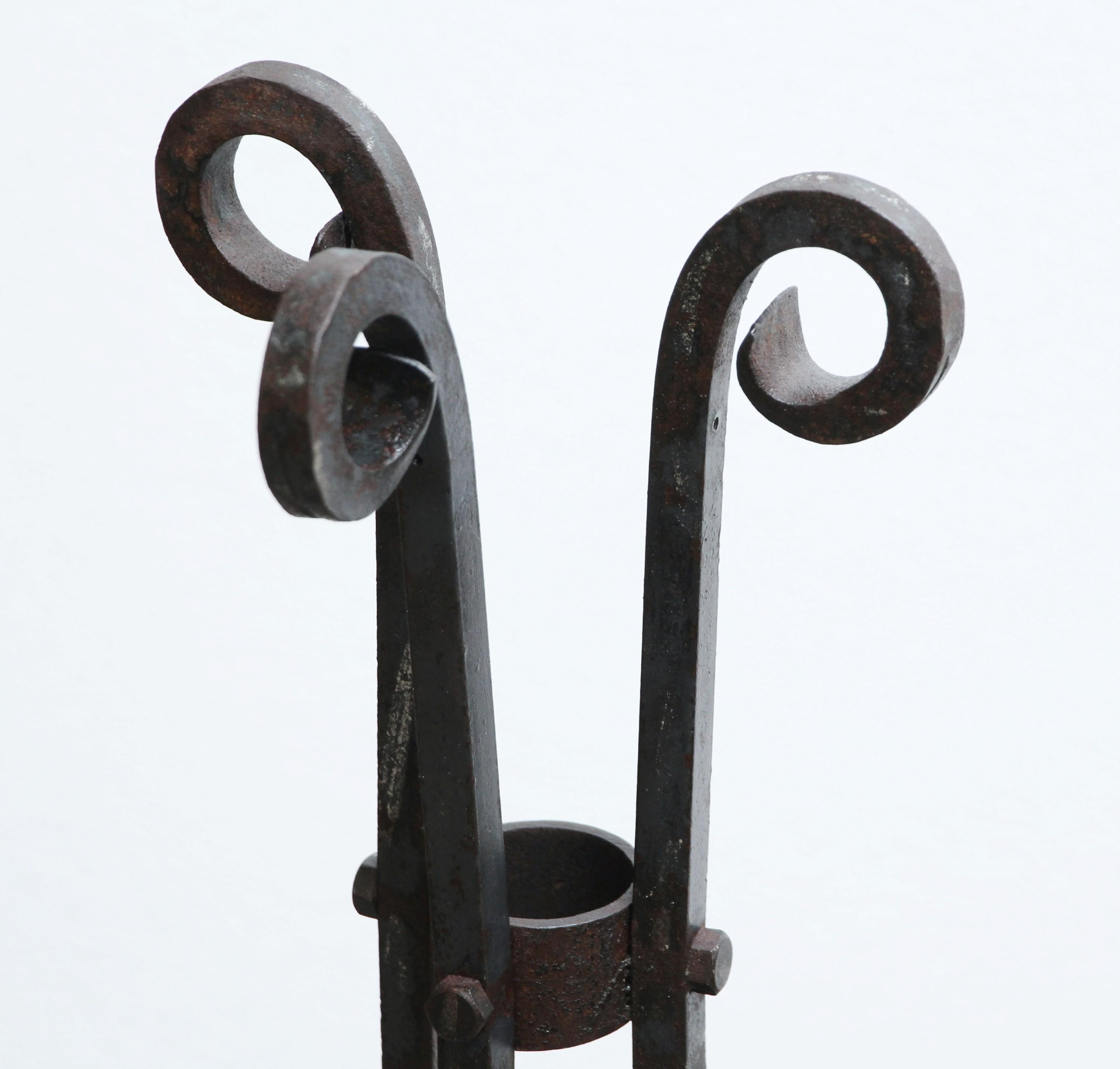 Tall Twisted Wrought Iron Andirons with Curled Top & Legs In Good Condition In New York, NY