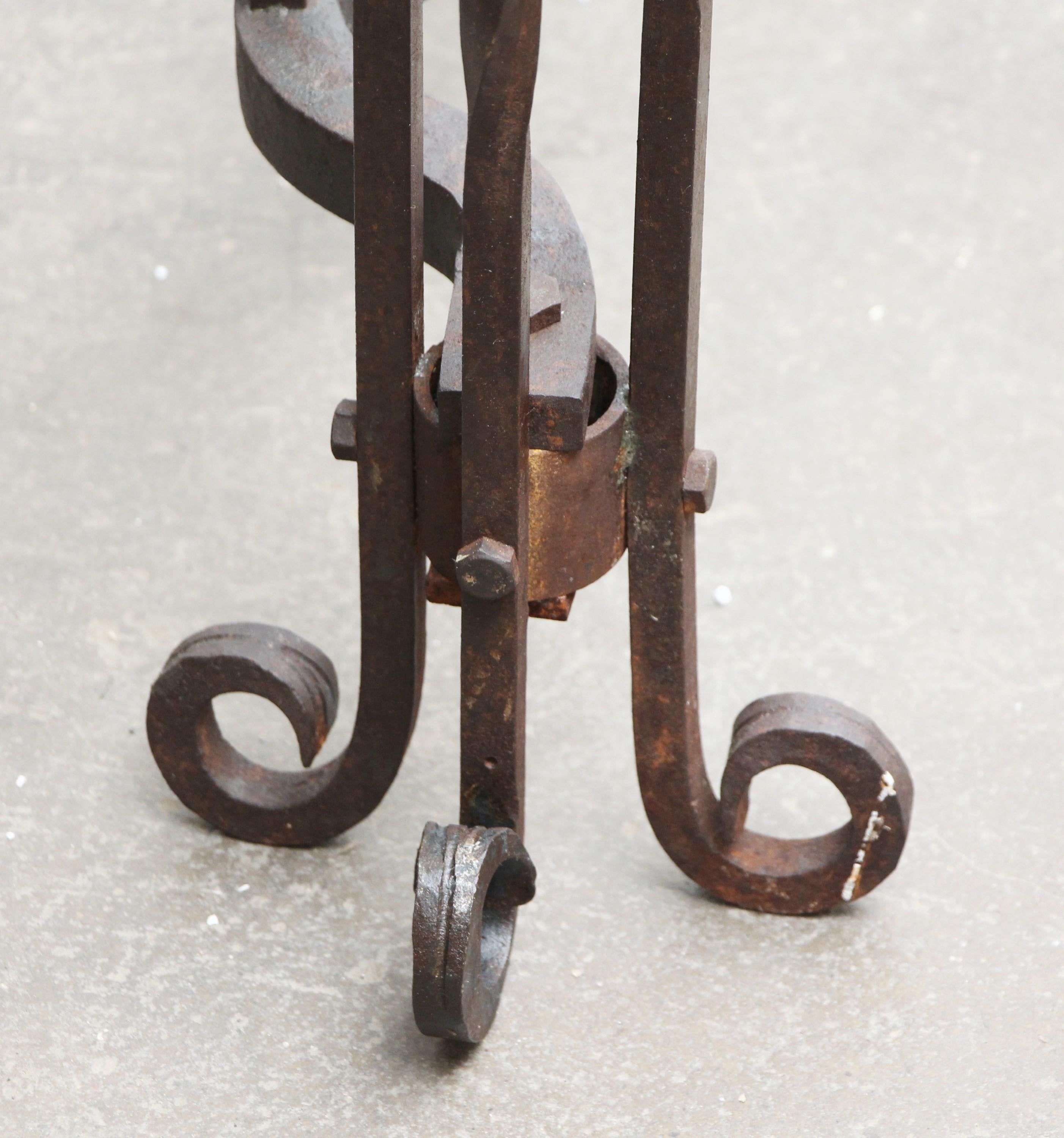 20th Century Tall Twisted Wrought Iron Andirons with Curled Top & Legs