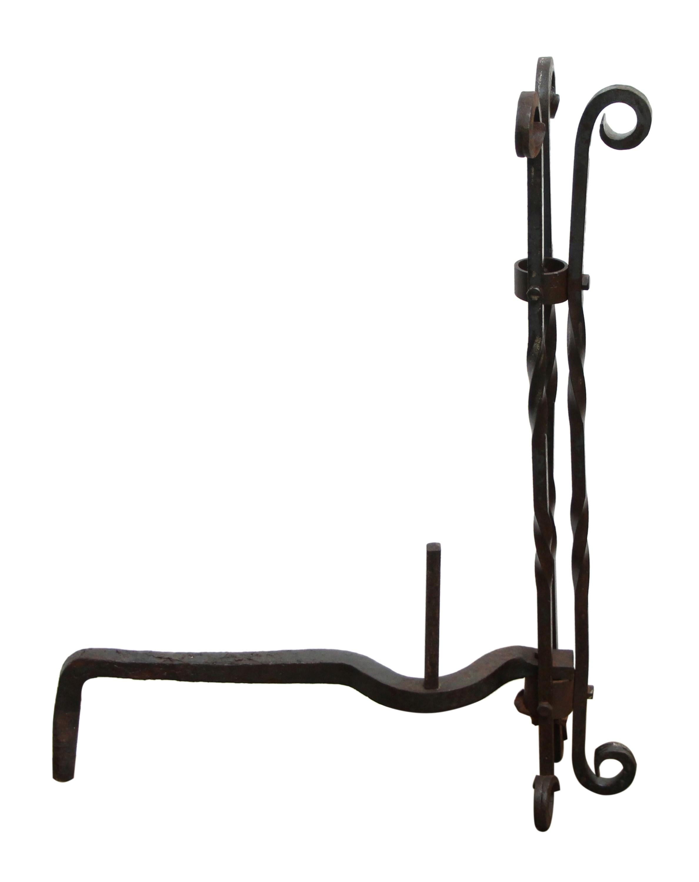 Tall Twisted Wrought Iron Andirons with Curled Top & Legs 1