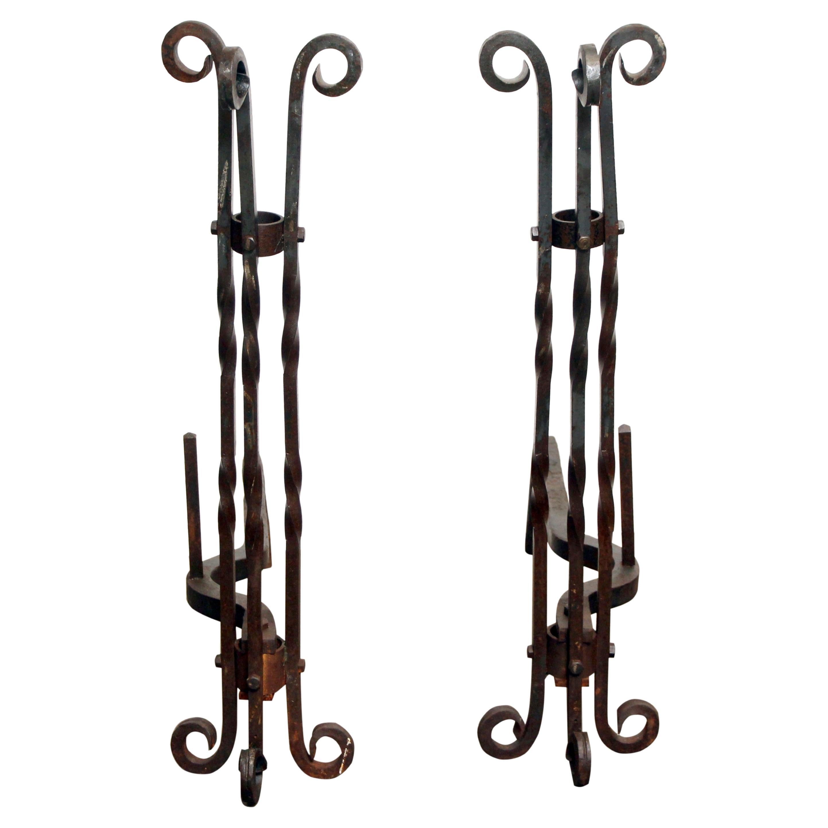Tall Twisted Wrought Iron Andirons with Curled Top & Legs
