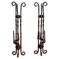 Tall Twisted Wrought Iron Andirons with Curled Top & Legs