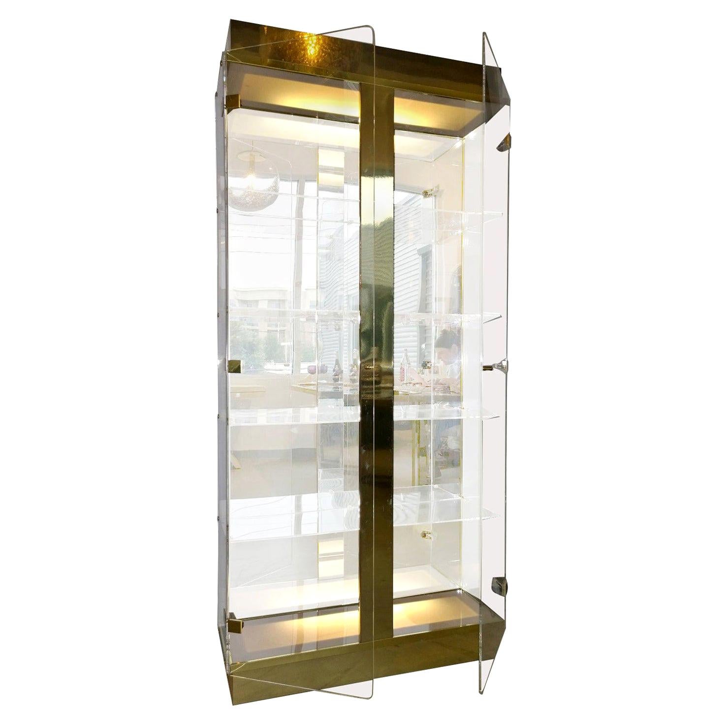 Tall Two-Door Tall Cabinet w/ Lucite, Brass, Wood & Reflective Gold Plastic