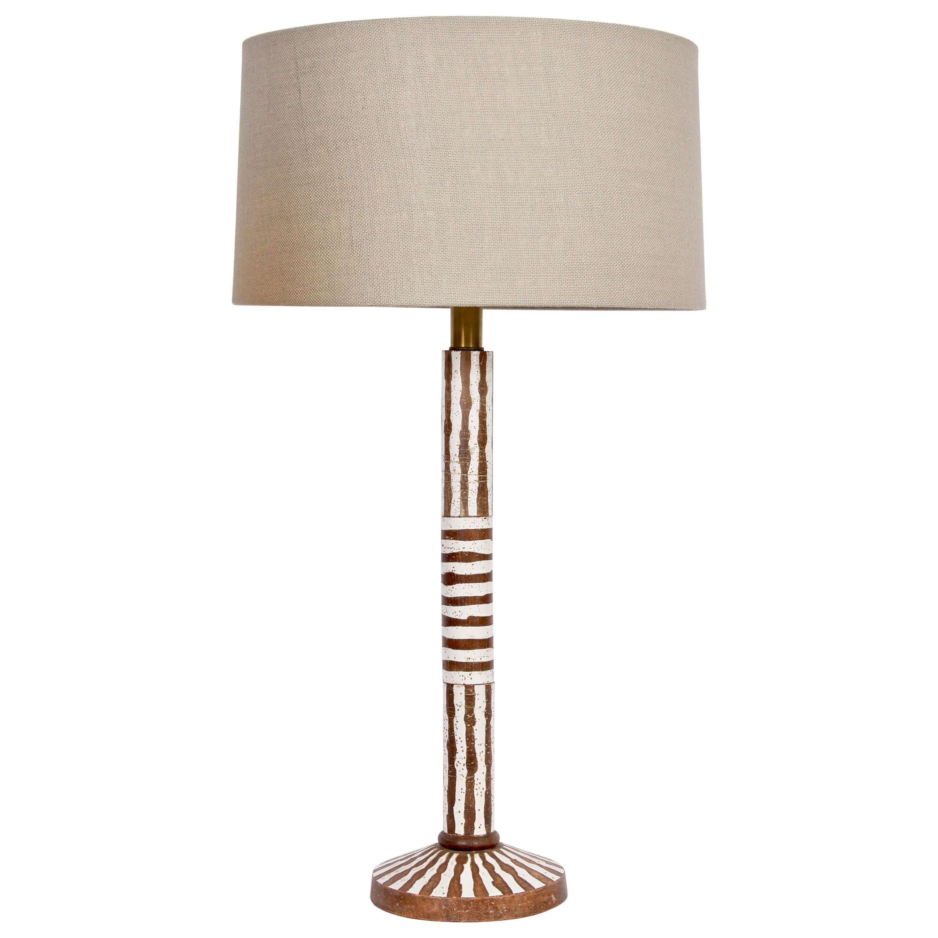 Tall Ugo Zaccagnini Hand Painted Brown and White Stripe Table Lamp, circa 1960