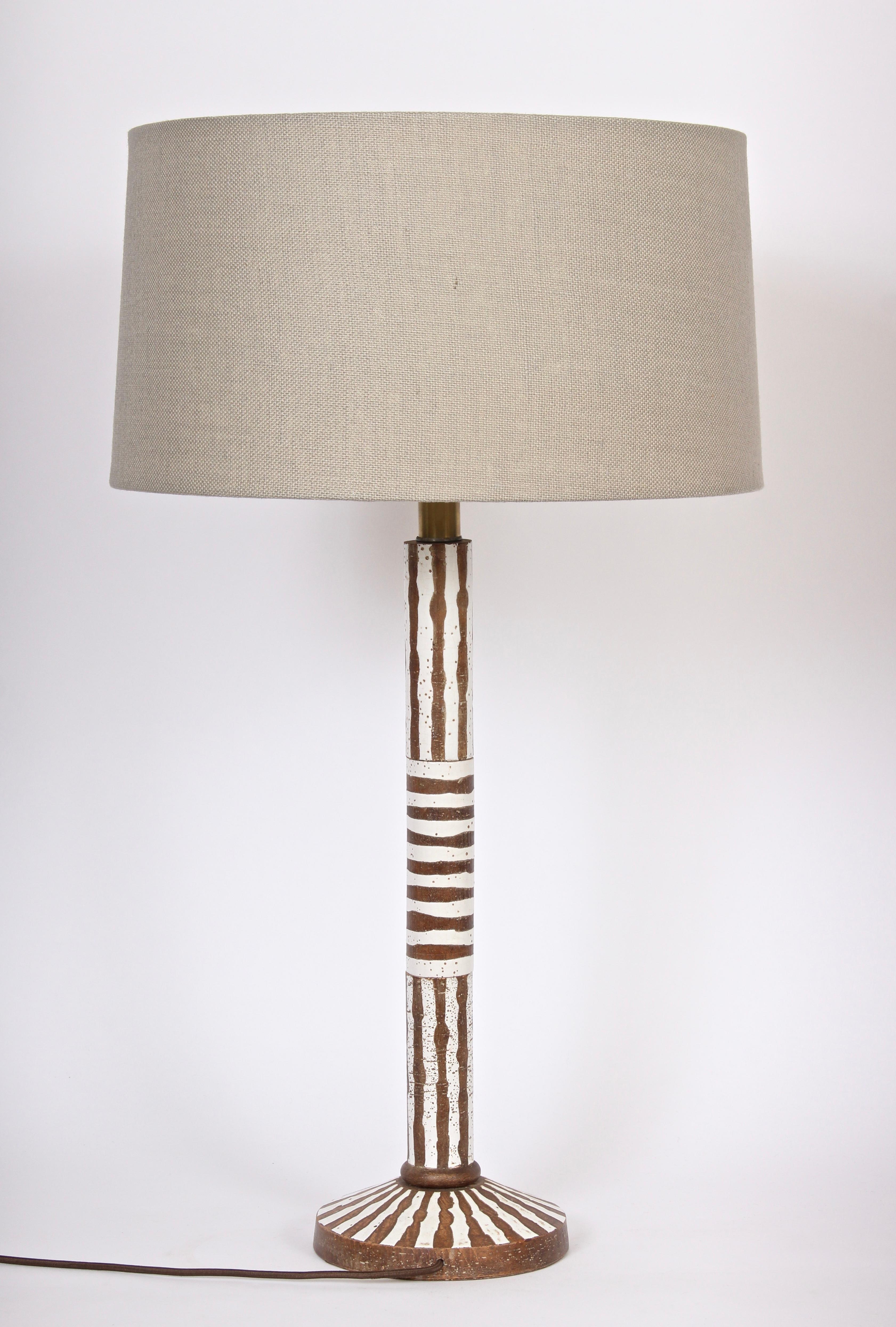 Italian Tall Ugo Zaccagnini Hand Painted Brown and White Stripe Table Lamp, circa 1960