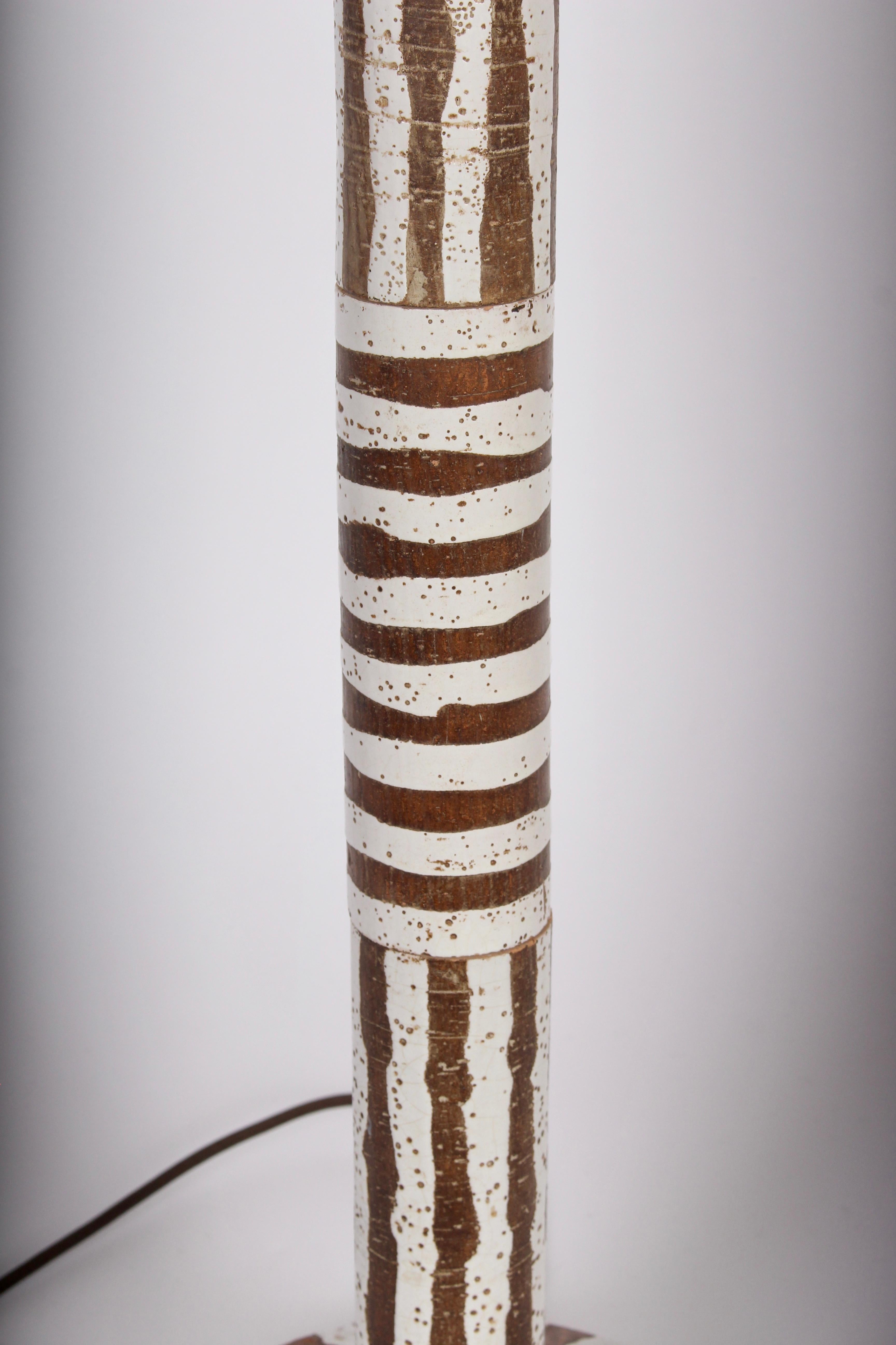 Glazed Tall Ugo Zaccagnini Hand Painted Brown and White Stripe Table Lamp, circa 1960