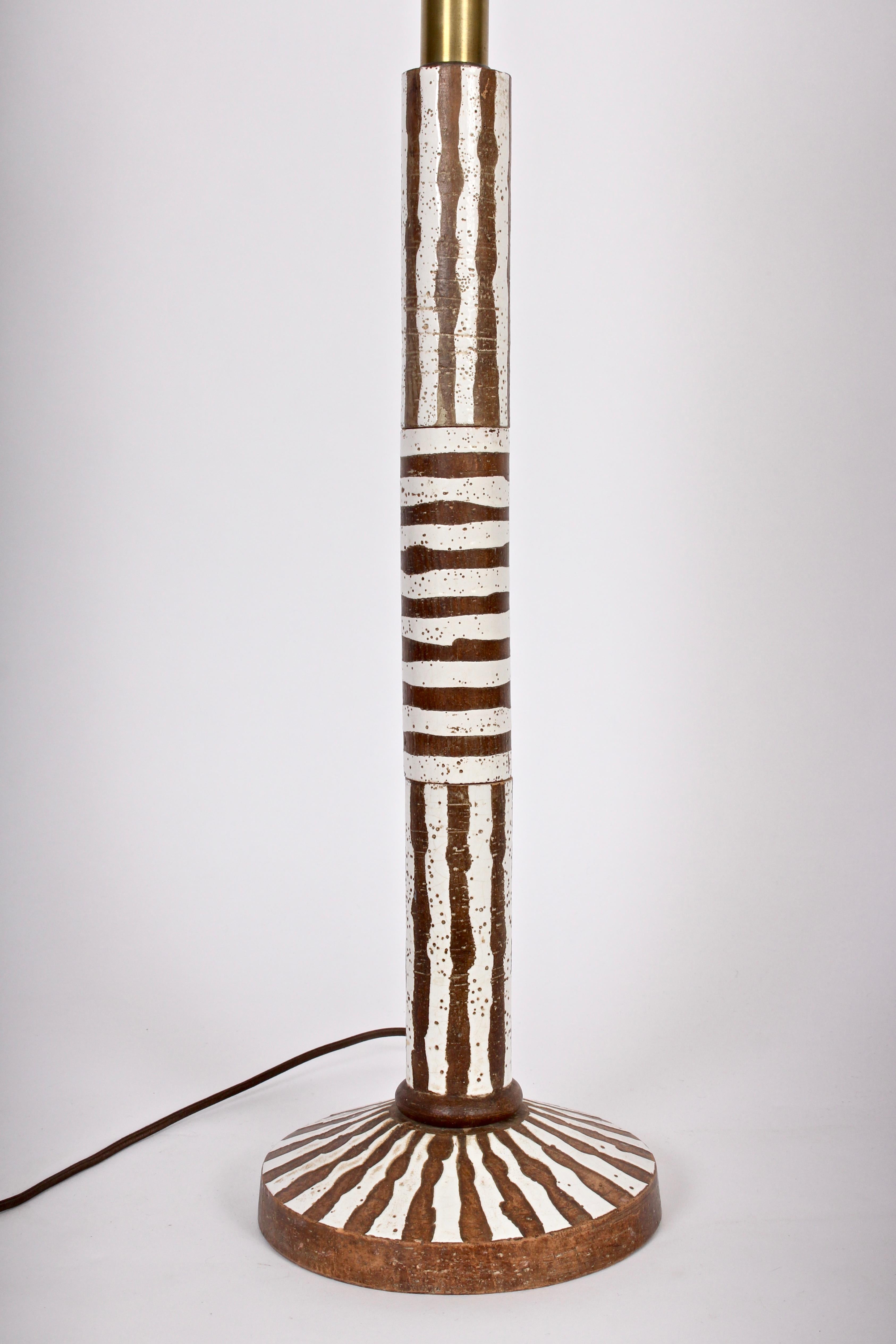20th Century Tall Ugo Zaccagnini Hand Painted Brown and White Stripe Table Lamp, circa 1960