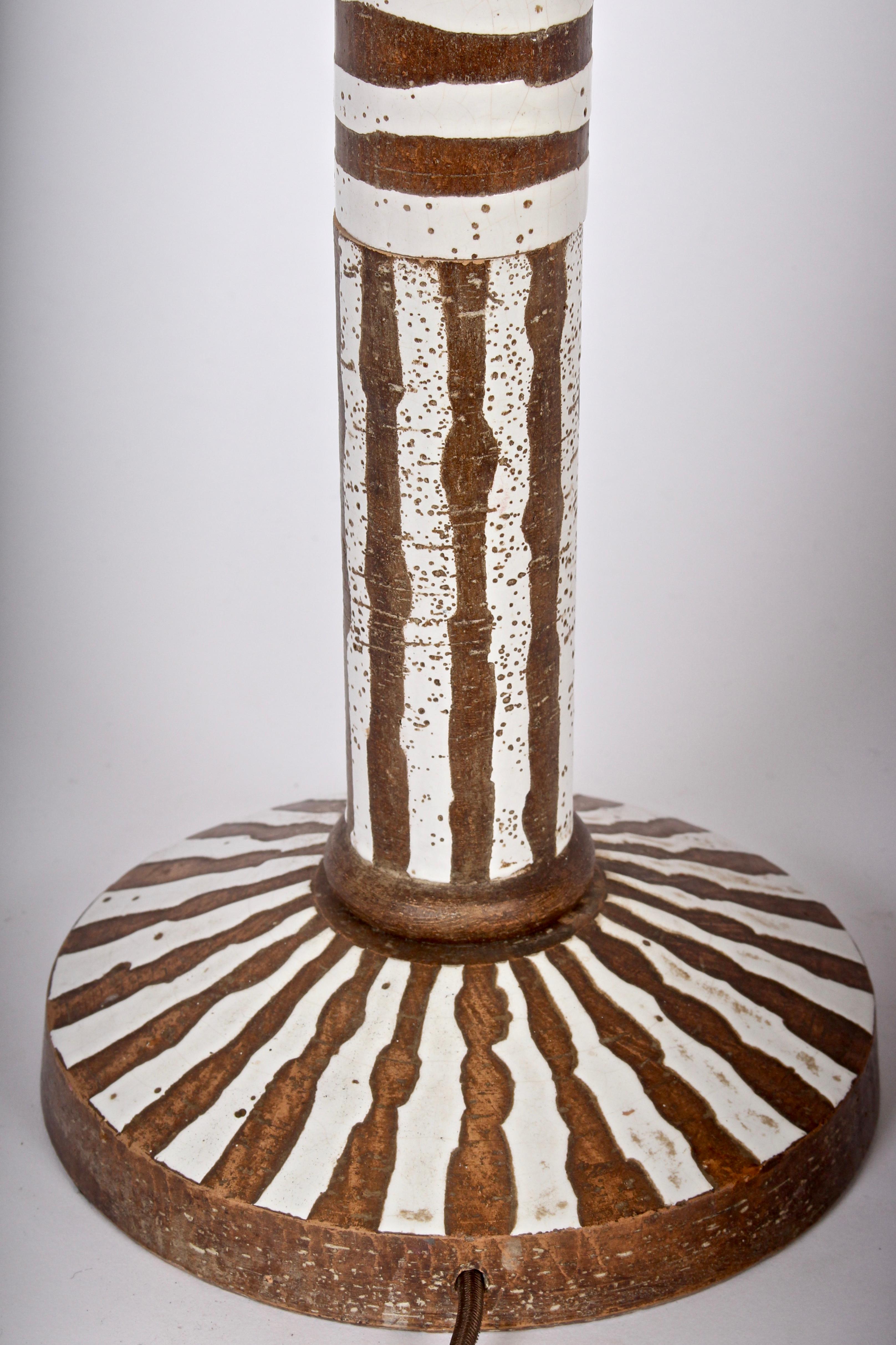 Tall Ugo Zaccagnini Hand Painted Brown and White Stripe Table Lamp, circa 1960 2
