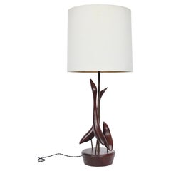 Retro Tall Val Robbins "Trio of Shore Birds" Hand Carved Walnut Table Lamp, C. 1960