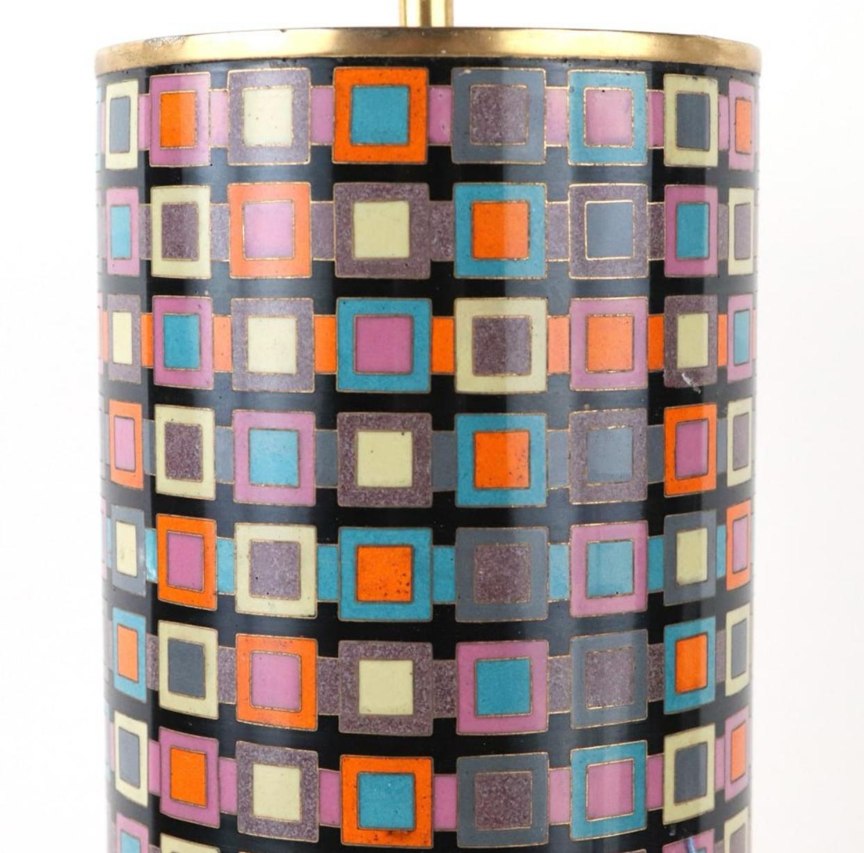 Tall cloisonné tower style table lamp in the manner of Fabienne Jouvin. Incredibly intricate, geometric patterned, enamel and brass construction. The cloisonné is made by the ancient technique for metal decoration. The brass compartments are first