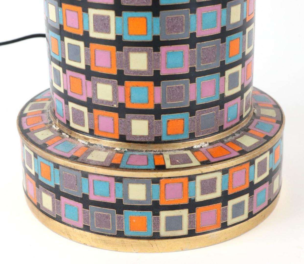 Mid-Century Modern Tall Cloisonné Geometric Patterned Table Lamp in the Style of Fabienne Jouvin For Sale