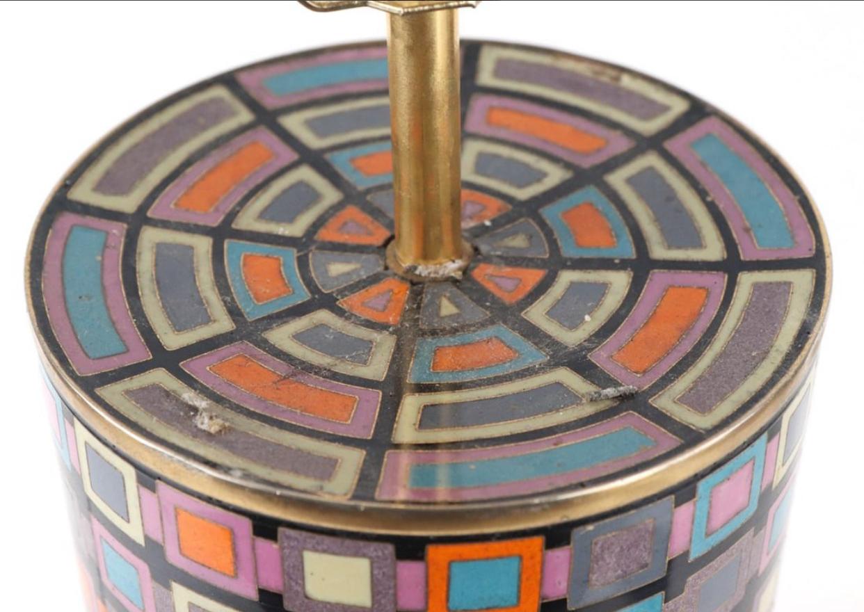 Brass Tall Cloisonné Geometric Patterned Table Lamp in the Style of Fabienne Jouvin For Sale