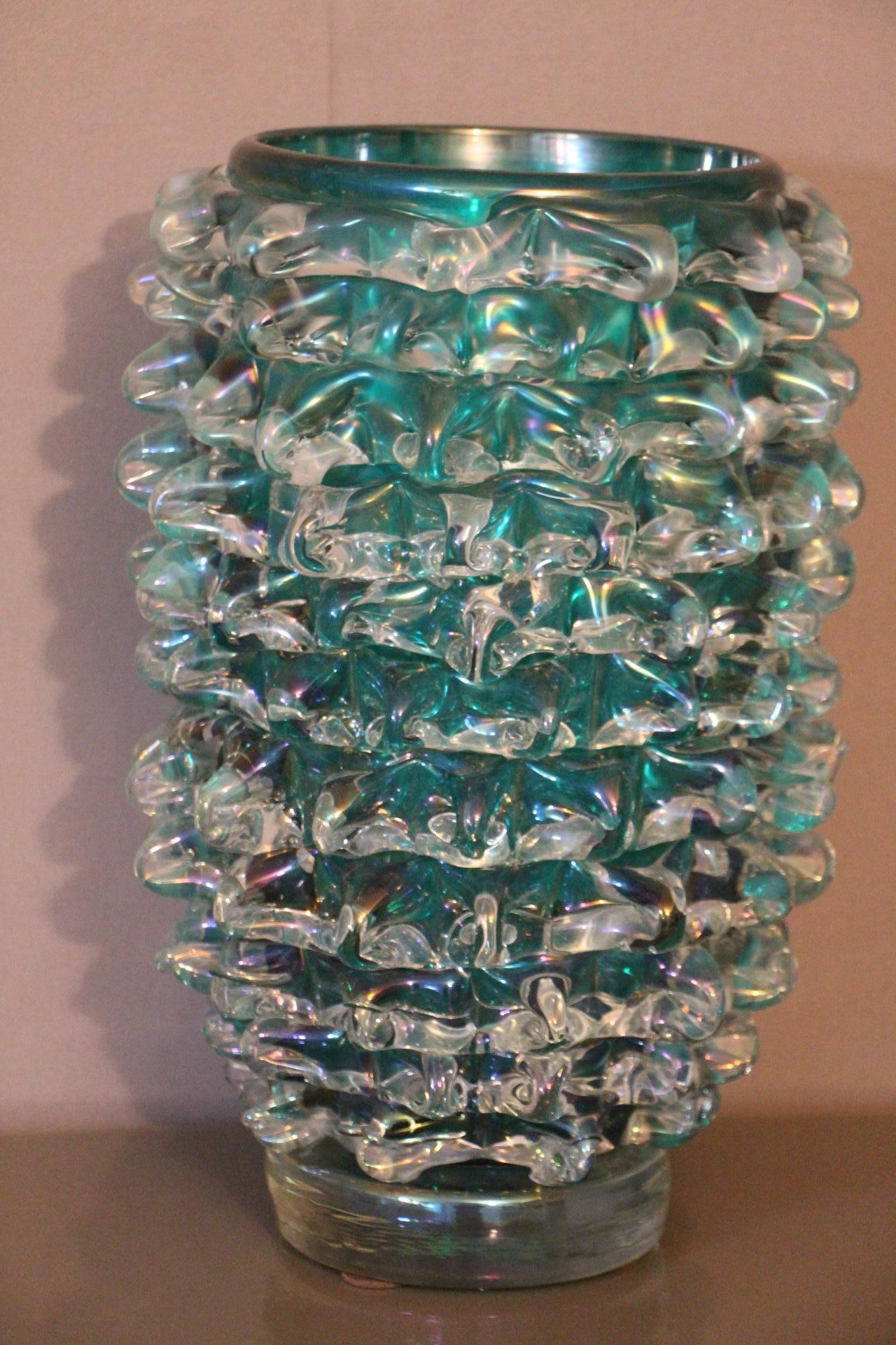 Tall Vase in Blue-Green Iridescent Murano Glass with Rostrato Spikes Decor For Sale 8