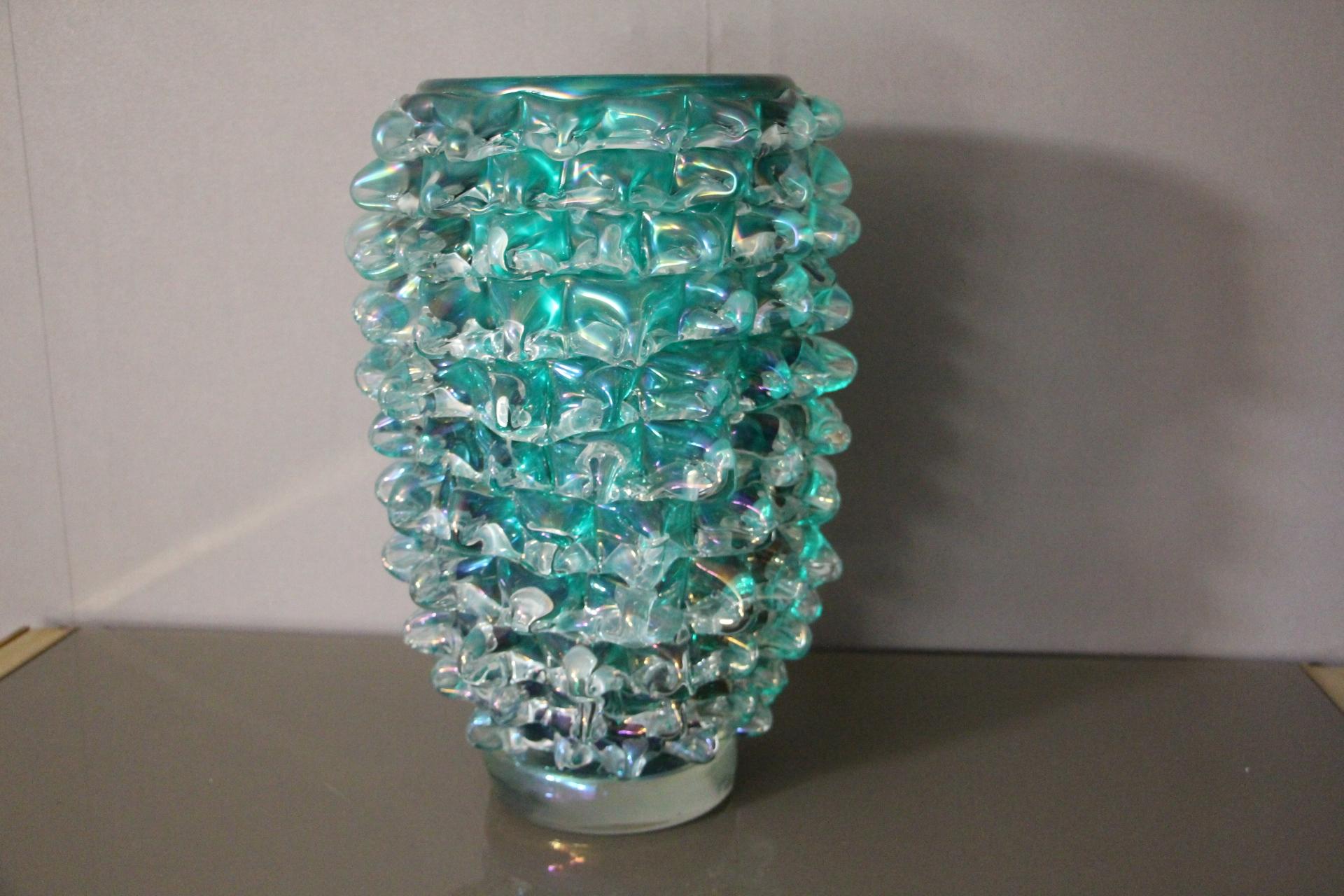 20th Century Tall Vase in Blue-Green Iridescent Murano Glass with Rostrato Spikes Decor For Sale