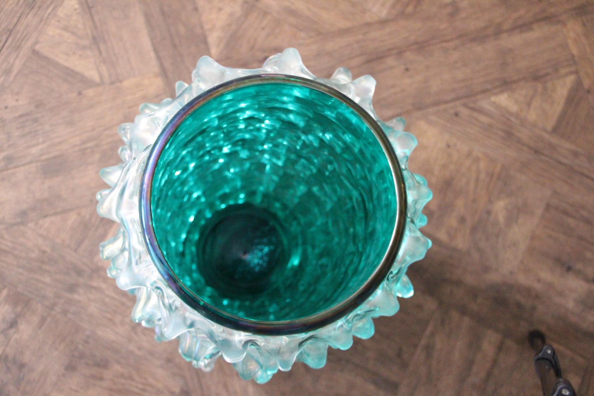 Italian Tall Vase in Blue-Green Iridescent Murano Glass with Rostrato Spikes Decor For Sale