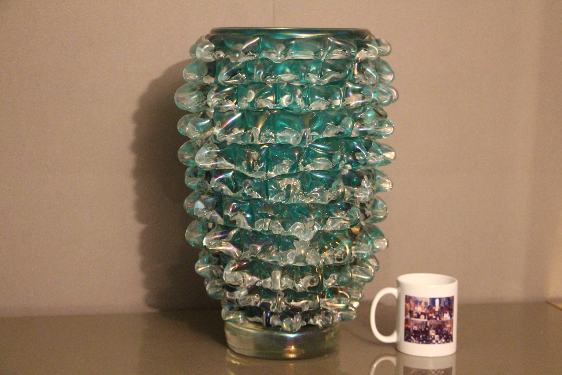 20th Century Tall Vase in Blue-Green Iridescent Murano Glass with Rostrato Spikes Decor For Sale