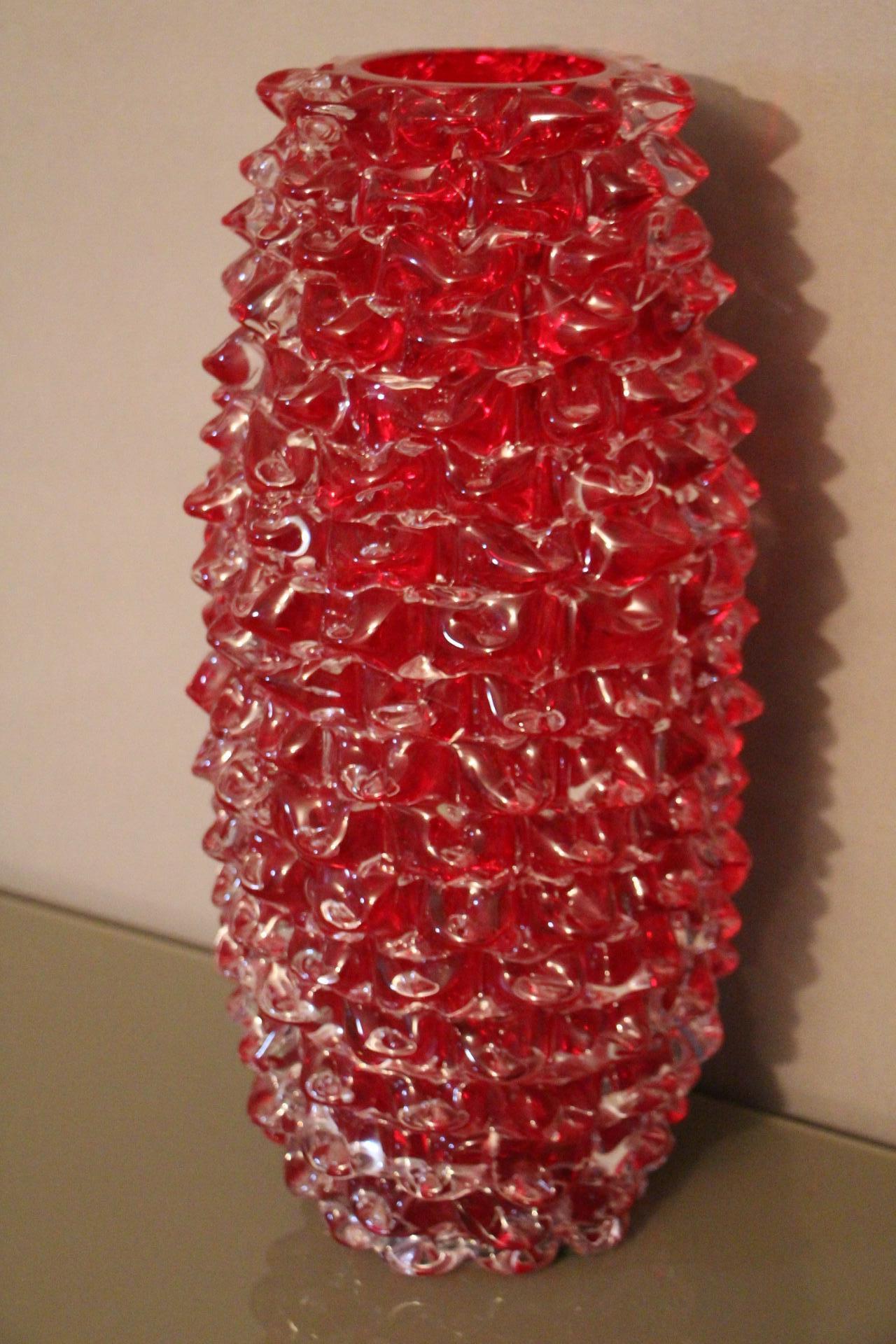 Italian Tall Vase in Ruby Red Murano Glass with Rostrato Spikes Decor For Sale